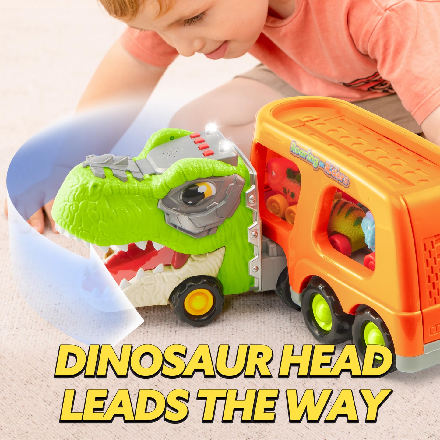 JOYIN Dinosaur Truck Toys for Kids, Kids Toys Boys Age 3 4 5, Dinosaur Car Carrier Truck Toy with 6 Rubber Car Vehicles, Toddler Birthday Gifts with Music & Lights for 3 4 5 Year Old Boys