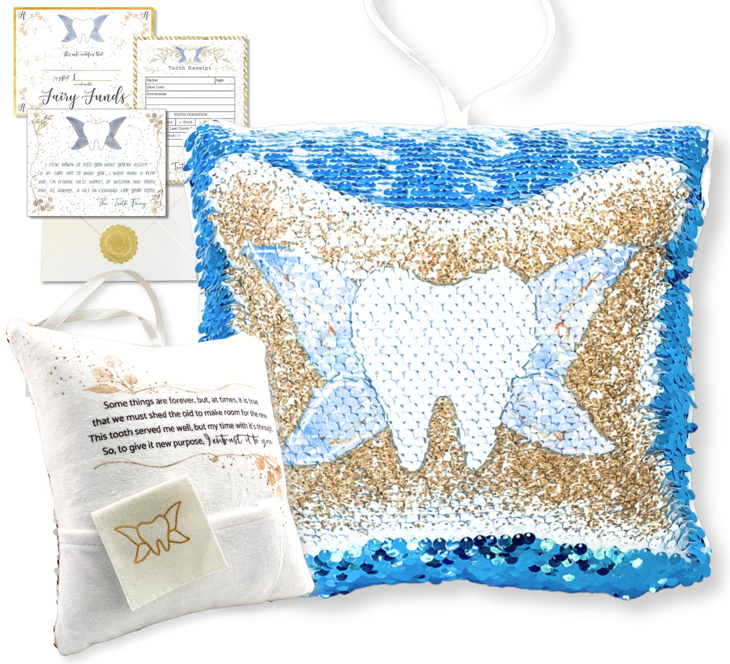 Tooth Fairy Pillow Kit for Girls and Boys - Tooth Fairy Evidence Kit with Tooth Fairy Bag - Multi Color Reversible Sequin and Large Pocket - Tooth Pillow with Letter & 2 Customizable Certificates