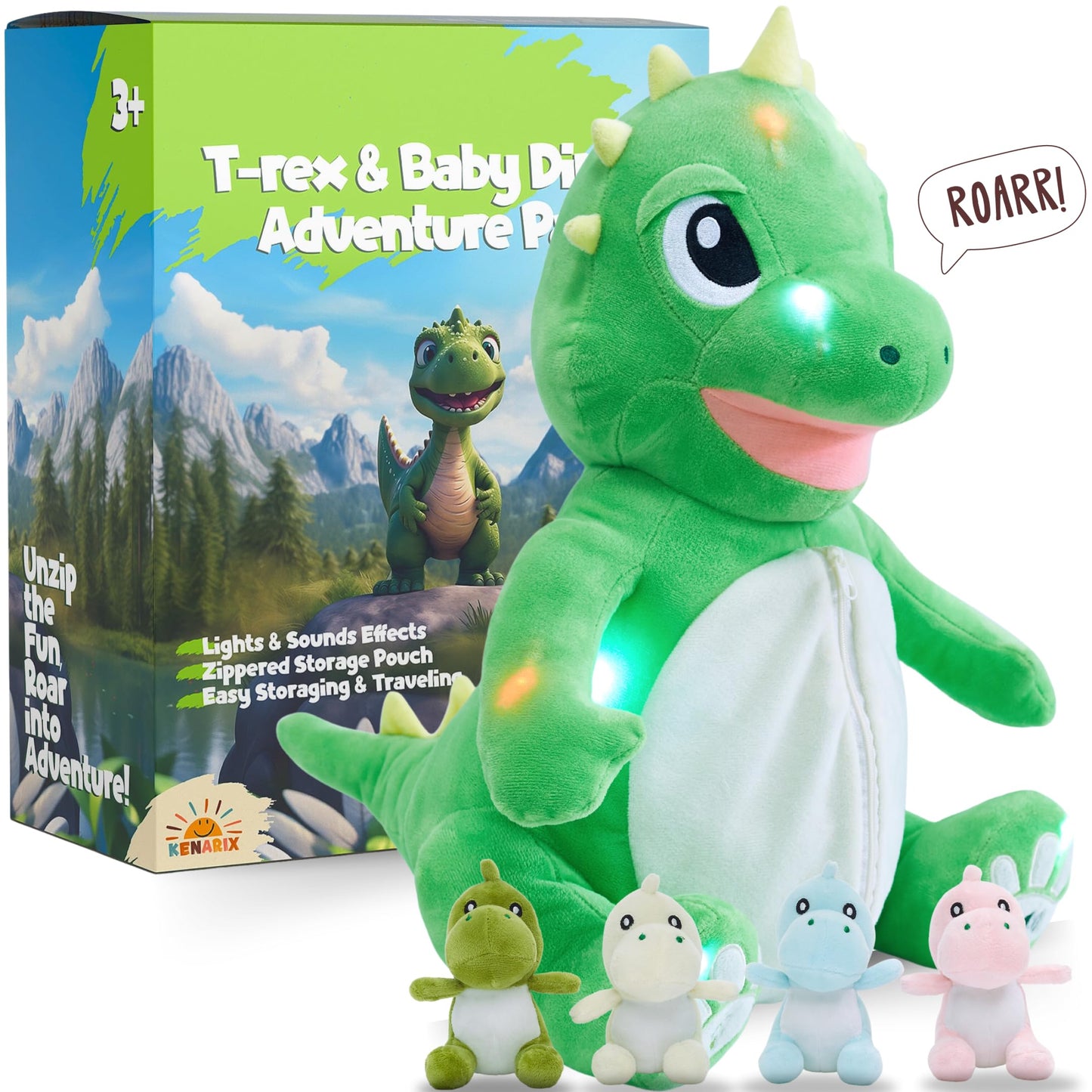 Dinosaur Toys for Kids 2-4, 3-5, Stuffed Animal Giant Dino Plushie with Lights, Sound & 4 Baby Dinosaur Plushies Inside Belly | Stuffed Dinosaur for Boys, Girls, Toddlers