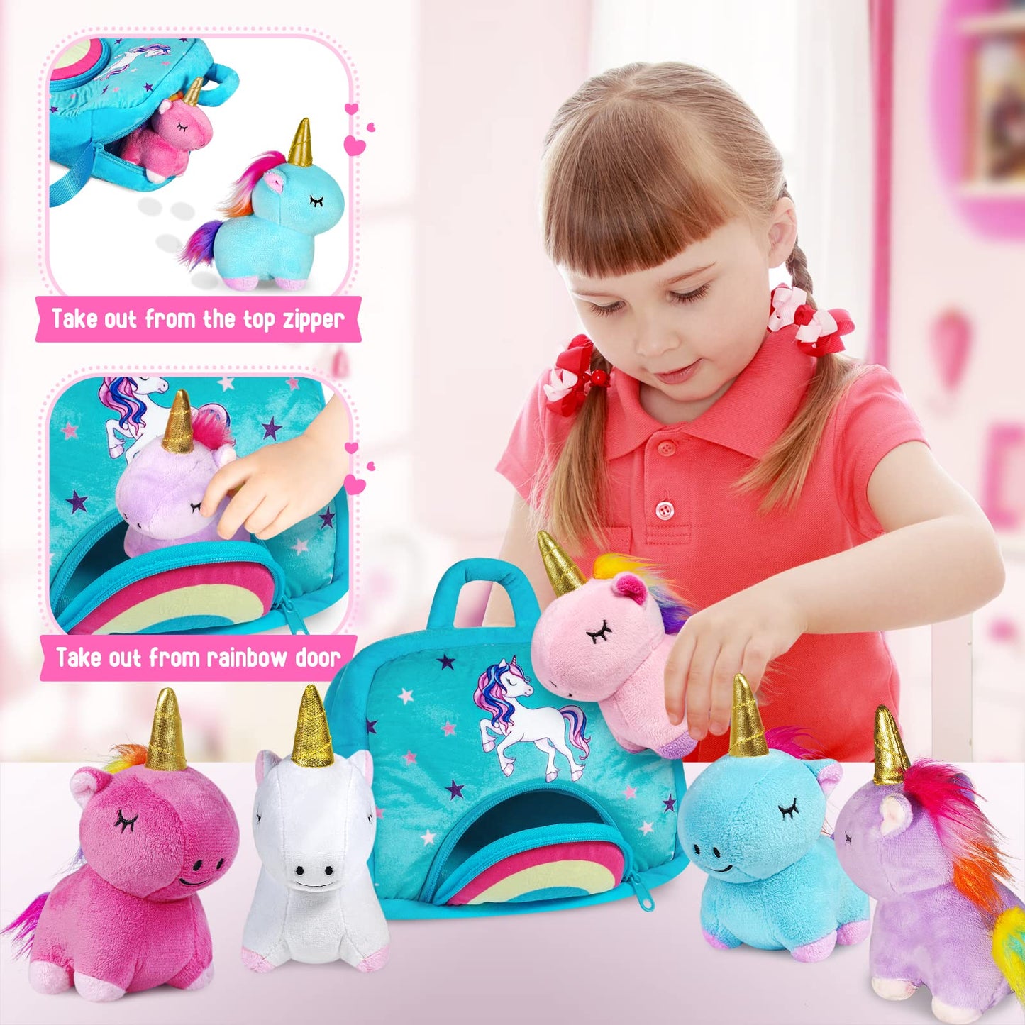 KMUYSL Toys for Girls Ages 3 4 5 6 7 8+ Years - Unicorn Mommy Stuffed Animal with 4 Baby Unicorns in Her Tummy, Soft Unicorn Plush Toys Set, Christmas Birthday Gifts for Baby, Toddler, Kids