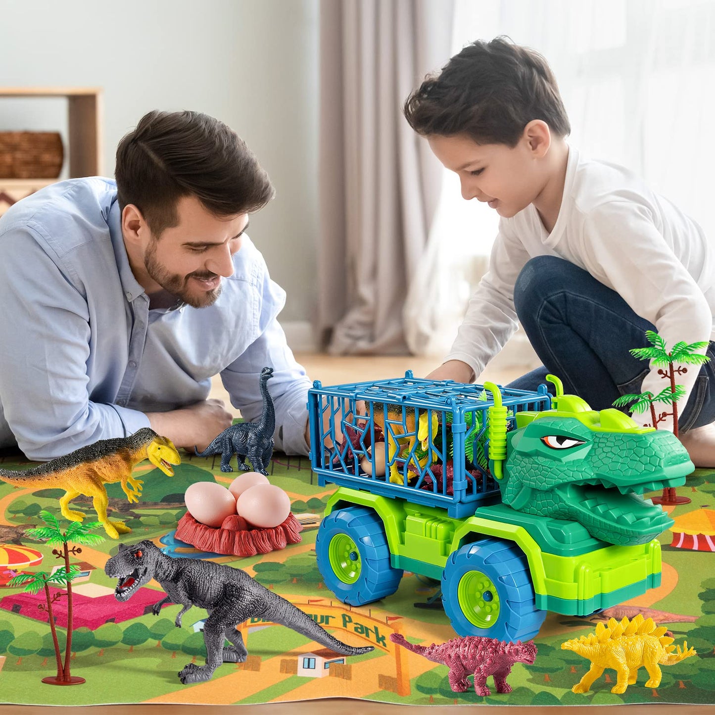 TEMI Dinosaur Truck Toys for Kids 3-5 Years, Tyrannosaurus Transport Car Carrier Truck with 8 Dino Figures, Activity Play Mat, Dinosaur Eggs, Trees, Capture Jurassic Play Set for Boys and Girls