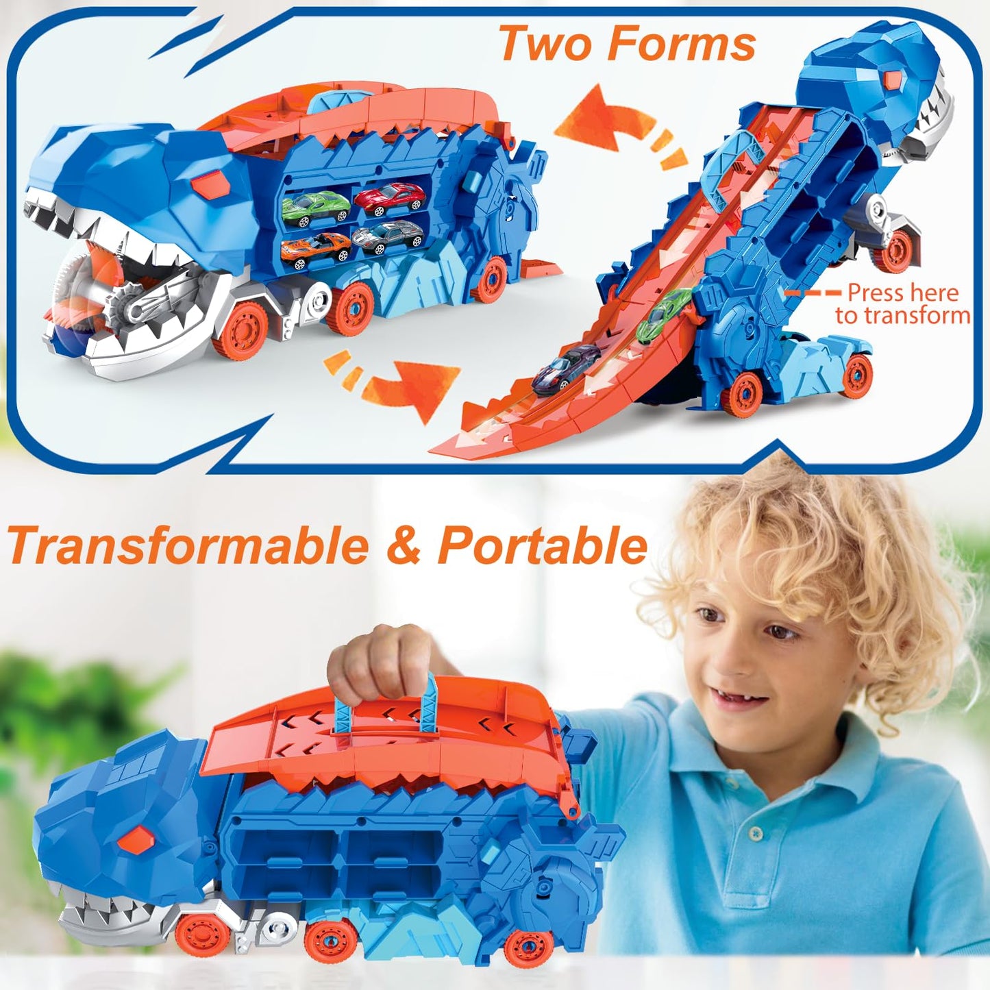 Dinosaur Toys for Kids 3-5, T-Rex Dinosaur Transport Car Carrier Truck with Foldable Sliding, City Dinosaur Ultimate Hauler Track Toy Transforms into Dino, Toys Gifts for 3 4 5 6 Years Old Boys Girls