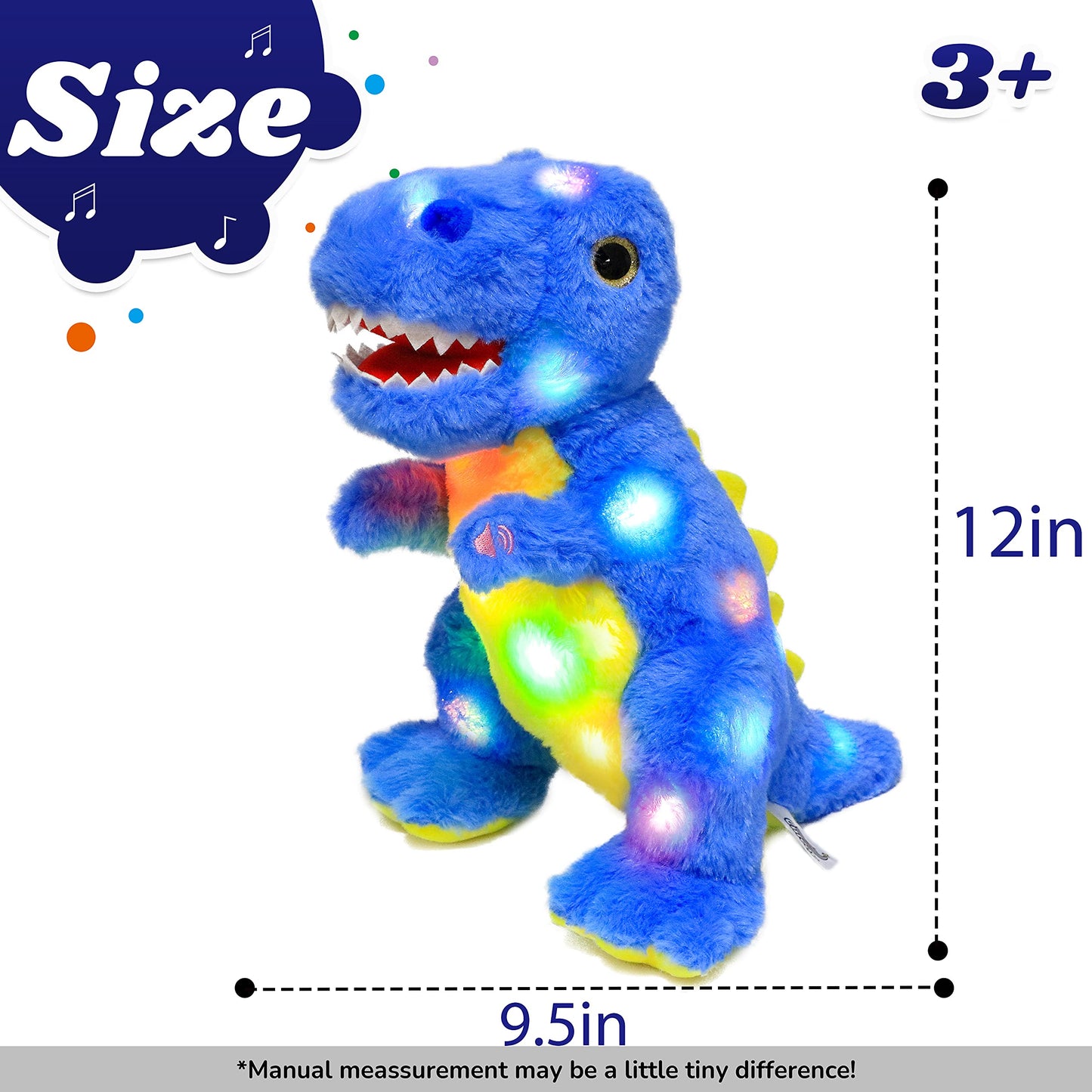 Cuteoy Blue Dinosaur LED Stuffed Animal Light-up Plush Birthday Christmas T-Rex Plushies Toy Gifts for Kids Toddler Girls, 12.5"