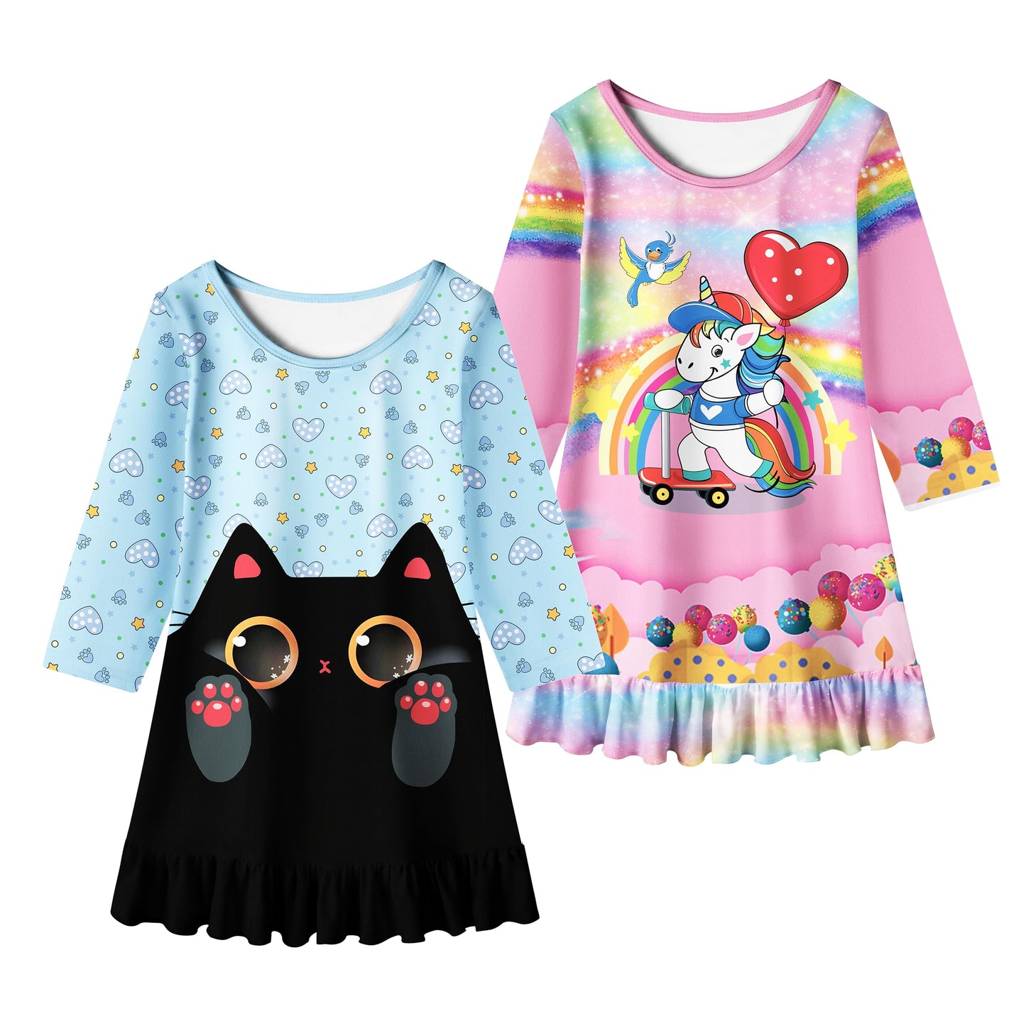 LQSZ 2Pcs Girls Nightgowns 3-10 Years Flutter Short Sleeves Nightdress Nightie Dress Sleepwear Pajamas for Little Girls