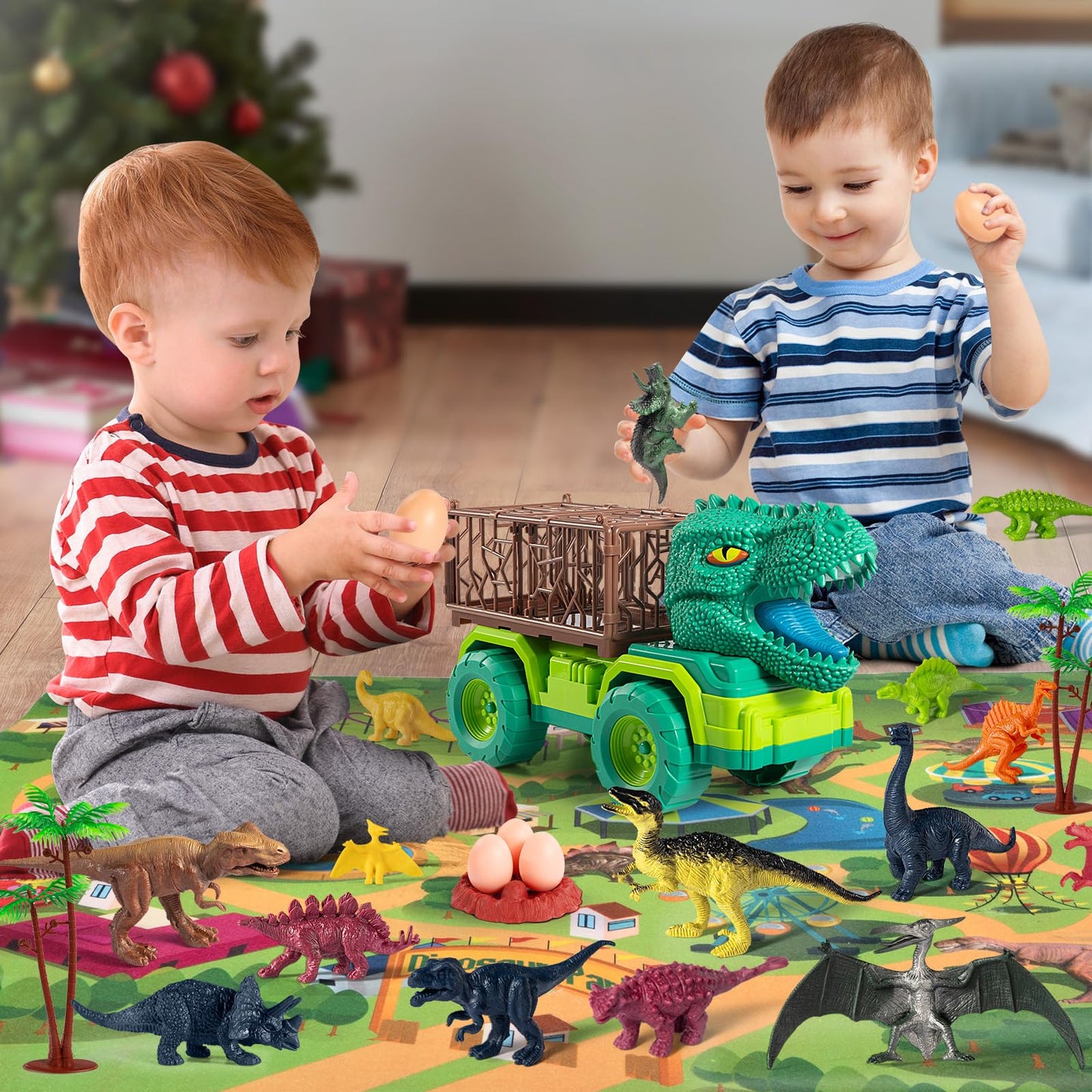 TEMI Dinosaur Truck Toys for Kids 3-5 Years, Tyrannosaurus Transport Car Carrier Truck with 8 Dino Figures, Activity Play Mat, Dinosaur Eggs, Trees, Capture Jurassic Play Set for Boys and Girls