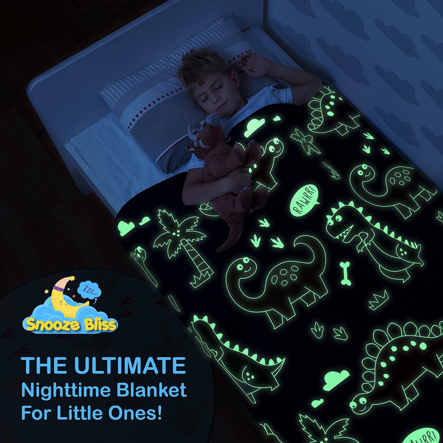 Glow in The Dark Dinosaur Blanket for Boys –Soft Plush Blue Fleece Throw Blanket. Great Dinosaur Gifts for Kids, Grandkids, Baby, Toddler, Birthday, Christmas! 8+ Hour Glow. (50”X60”)