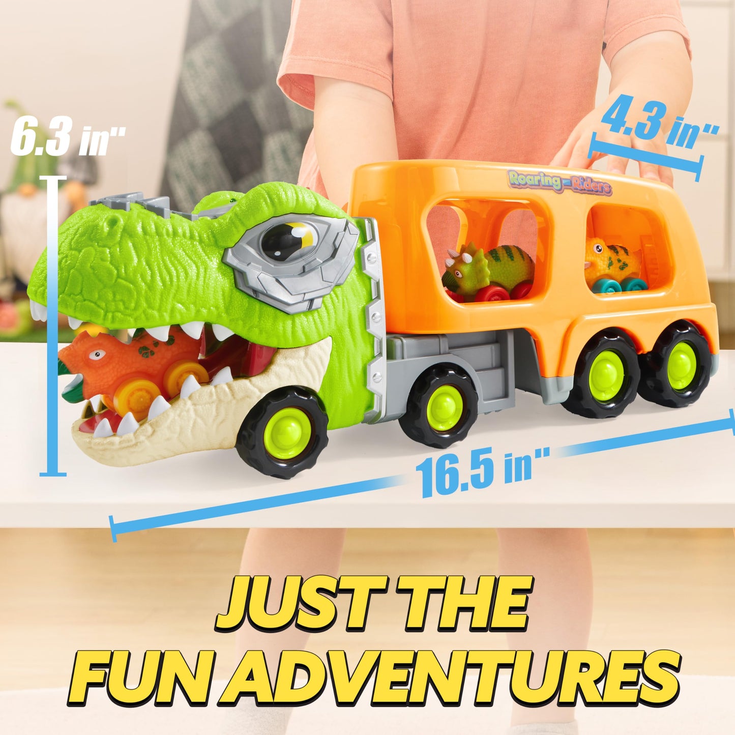 JOYIN Dinosaur Truck Toys for Kids, Kids Toys Boys Age 3 4 5, Dinosaur Car Carrier Truck Toy with 6 Rubber Car Vehicles, Toddler Birthday Gifts with Music & Lights for 3 4 5 Year Old Boys