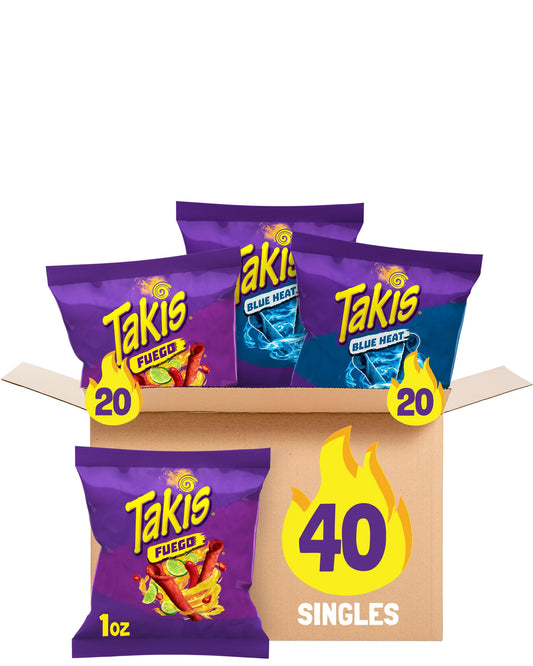 Takis 40 pc / 1 oz Variety Pack, Assorted Flavored Mixed Rolled Tortilla Chips – (20) Fuego 1 oz, (20) Blue Heat 1 oz