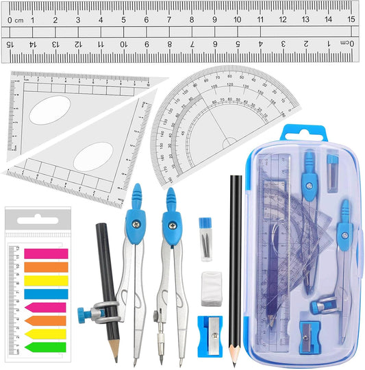 Maths Compasses Starter Geometry Kit with 2 Drafting Compasses Protractor Set Squares Ruler and More for Students Maths Study Homework, Blue