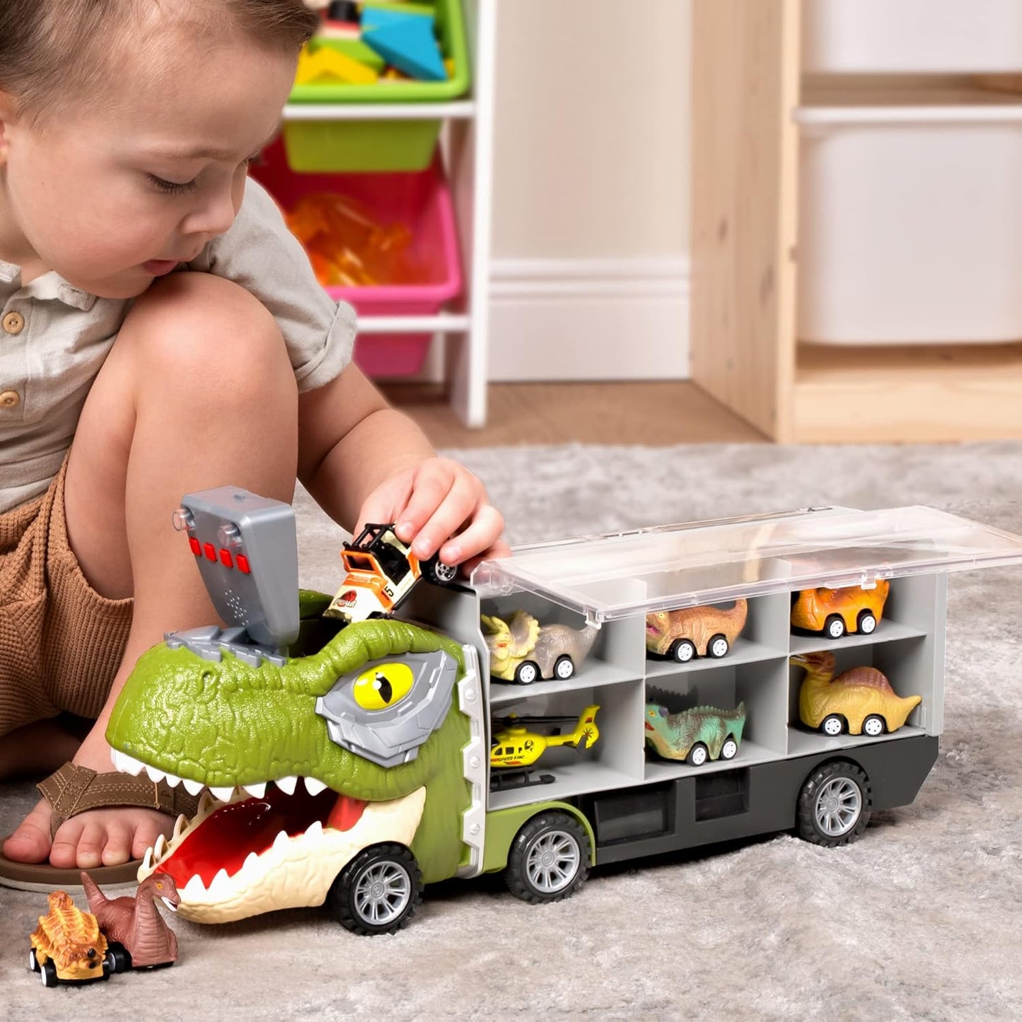 JOYIN 13 in 1 Dinosaur Toys for Kids 3-5, Dinosaur Truck with 12 Pull Back Cars, Dinosaur Cars Set, Birthday Gifts Toys for 3 4 5+ Year Old Boy, Transport Carrier Truck for Toddlers 3-4 Years