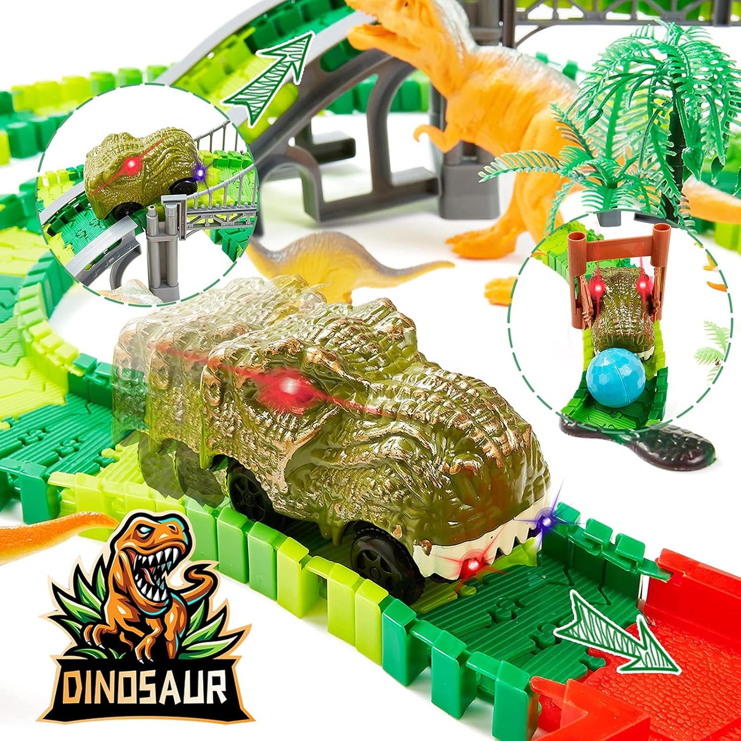 BEMITON Dinosaur Toys Race Car Track, Create a Dinosaur World Road Race, Flexible Dinosaur Track Toys Set, Christmas Birthday Gifts for 3 4 5 6 7 Years Old Boys Girls Kids