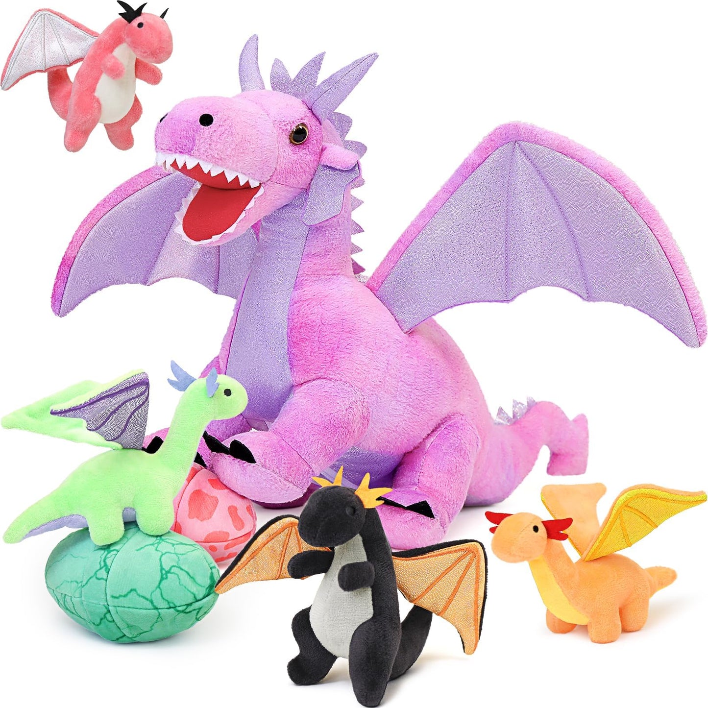 MaoGoLan 4 Pcs Dinosaur Stuffed Animals for Girls,Purple Stuffed Dinosaurs Plush Toys Set for Toddlers, Mummy Dinosaur with 3 Baby Triceratops Plushies, for Kids