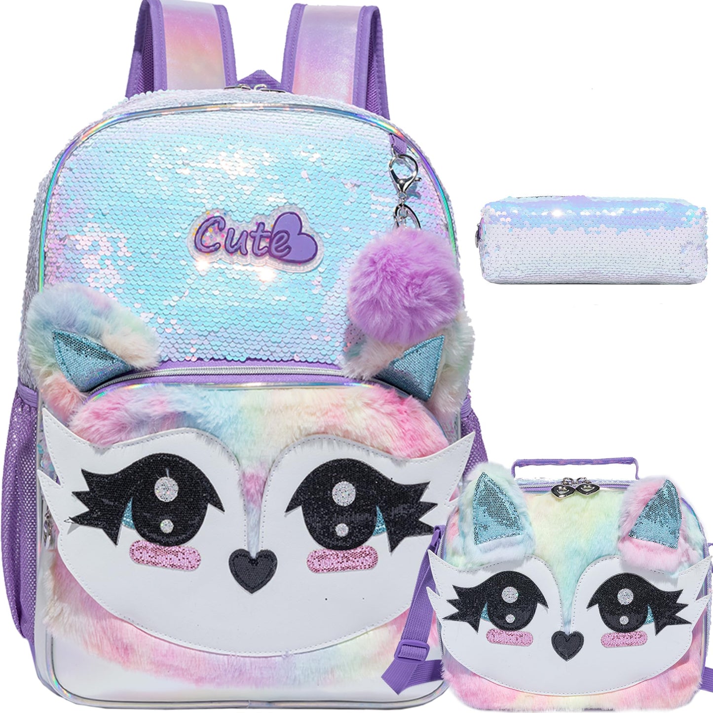 Meetbelify Backpacks for Girls,Kids School Backpacks with Lunch Box for Elementary Preschool Students Cute Panda Sequin Travel Backpack 3 in 1 Bookbag Set for Girls