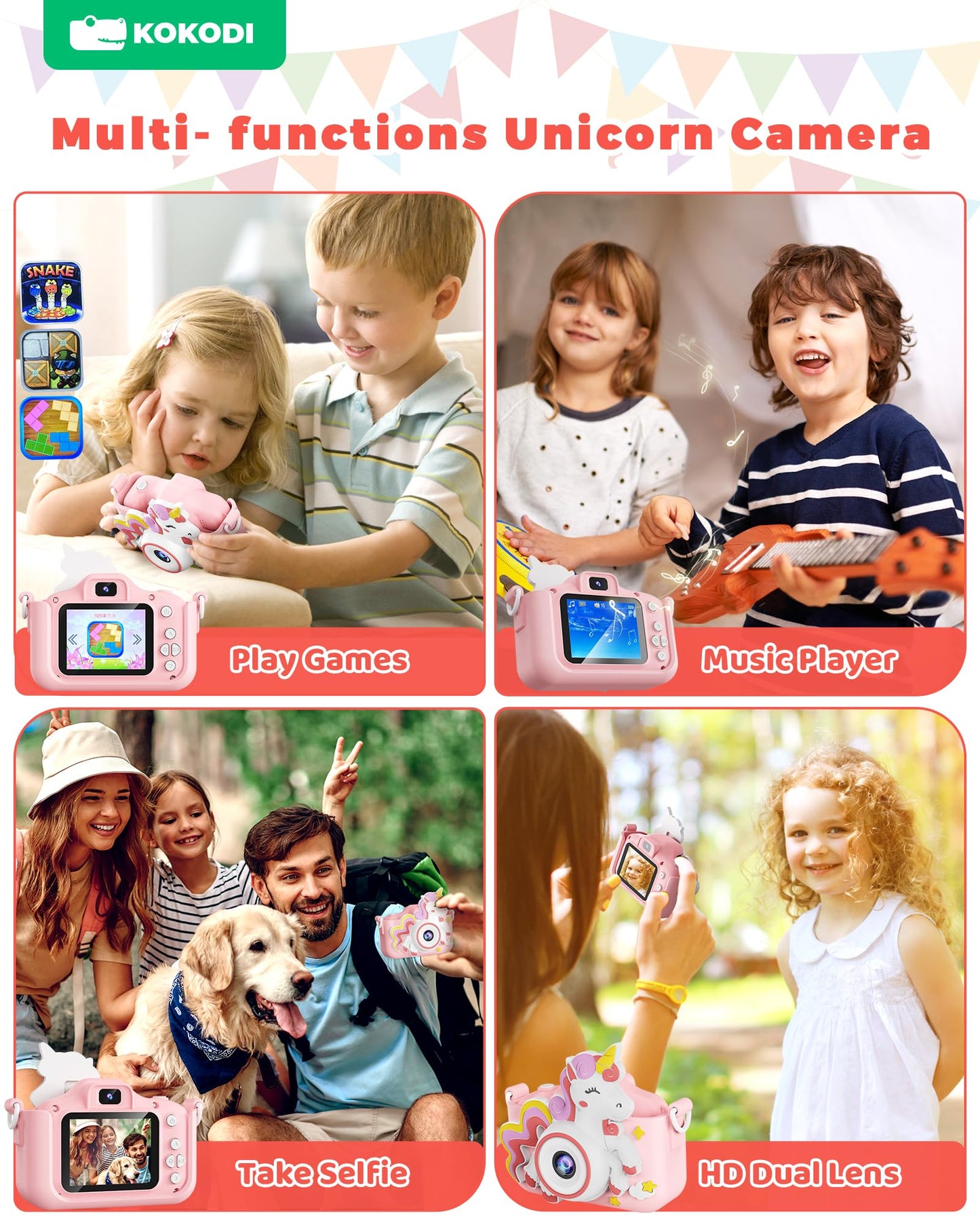 KOKODI Kids Camera Toy Digital Camera for Kids, Birthday Gifts for Girls Age 3-12, 1080P HD Video Camera for Toddler, Unicorn Children Toys for 3 4 5 6 7 8 9 Year Old Girls with 32GB SD Card