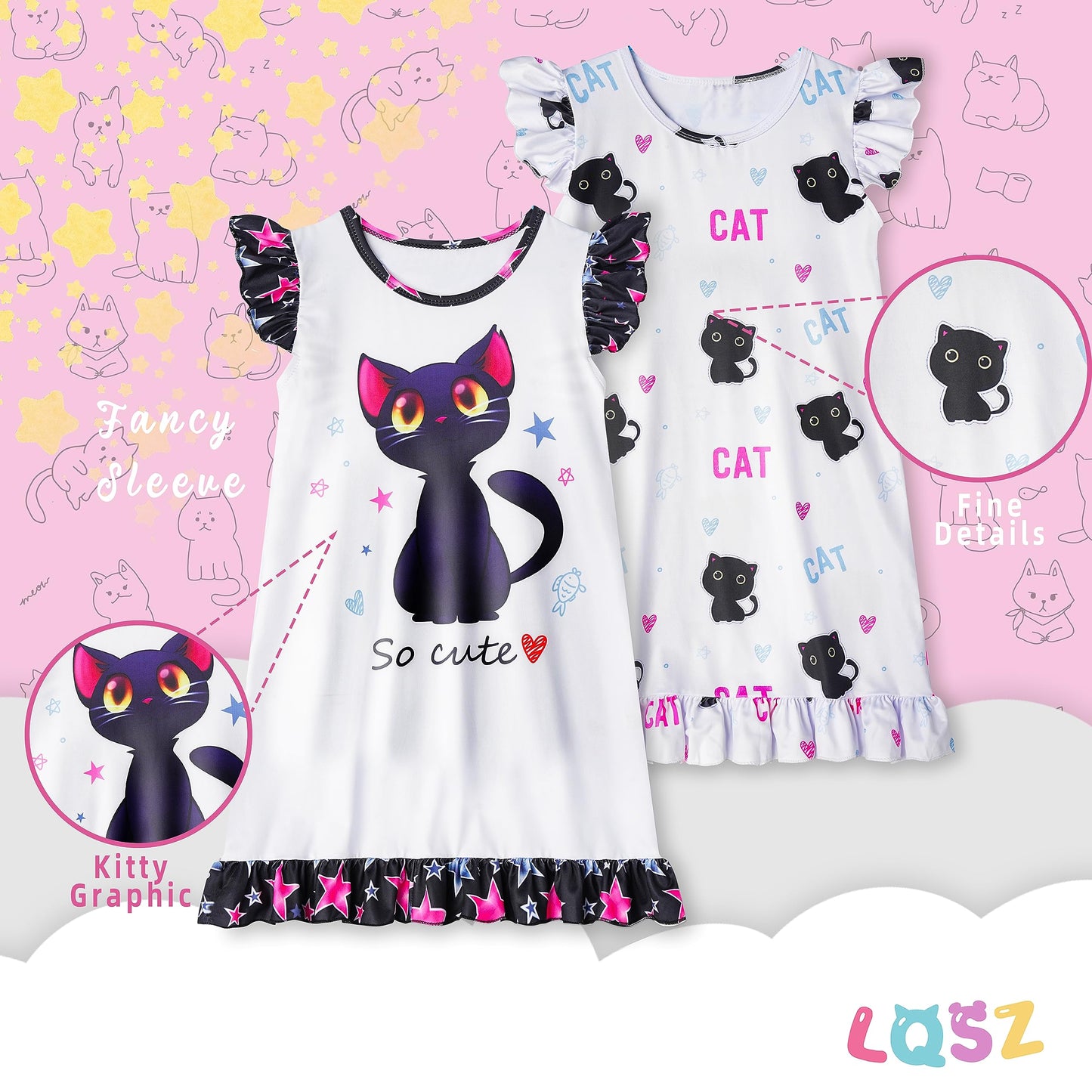 LQSZ 2Pcs Girls Nightgowns 3-10 Years Flutter Short Sleeves Nightdress Nightie Dress Sleepwear Pajamas for Little Girls