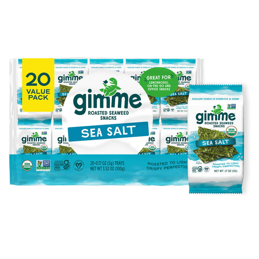 Gimme Seaweed - Sea Salt - 20 Count - Organic Roasted Seaweed Sheets - Keto, Vegan, Gluten Free - Great Source of Iodine & Omega 3’s - Healthy On-The-Go Snack for Kids & Adults