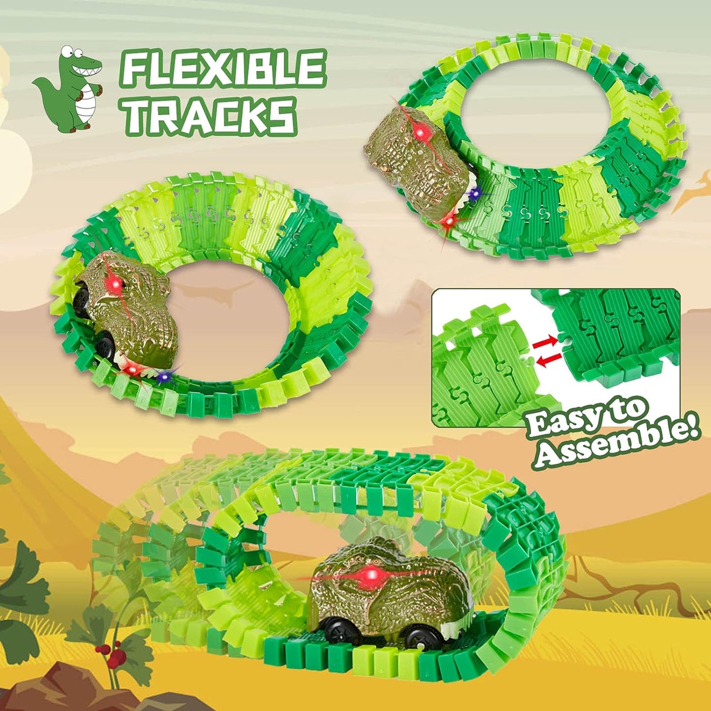 BEMITON Dinosaur Toys Race Car Track, Create a Dinosaur World Road Race, Flexible Dinosaur Track Toys Set, Christmas Birthday Gifts for 3 4 5 6 7 Years Old Boys Girls Kids