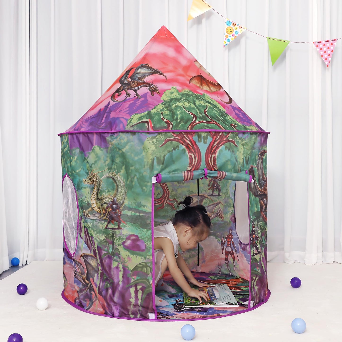 LimitlessFunN Dinosaur Pop Up Kids Play Tent | includes Star Lights & Carrying Case |, Children Indoor Castle Playhouse for Boys, Toddlers, 41" D x 41" W x 53" H