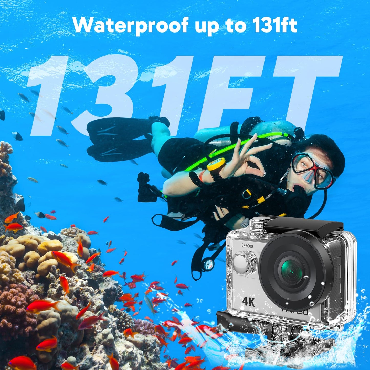 AKASO EK7000 4K30FPS 20MP WiFi Action Camera with EIS Ultra HD Underwater Camera 131FT Waterproof Camera Remote Control 4X Zoom in Photo Mode Support External Microphone Black