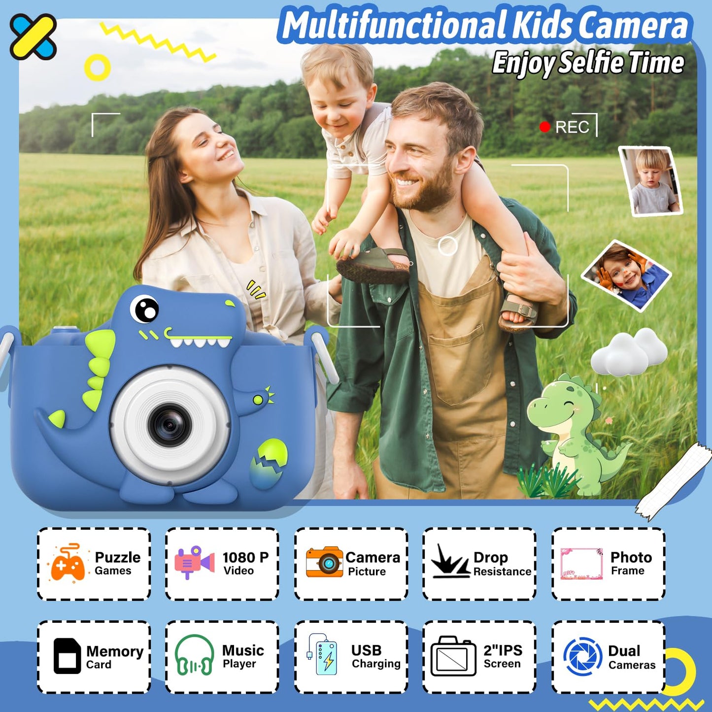 Selfie Kids Camera, Christmas Birthday Gifts for Boys Girls Age 3-12, HD Kids Digital Video Cameras for Toddler with Cartoon Soft Silicone Cover, Portable Toy for 3 4 5 6 7 8 Years Old