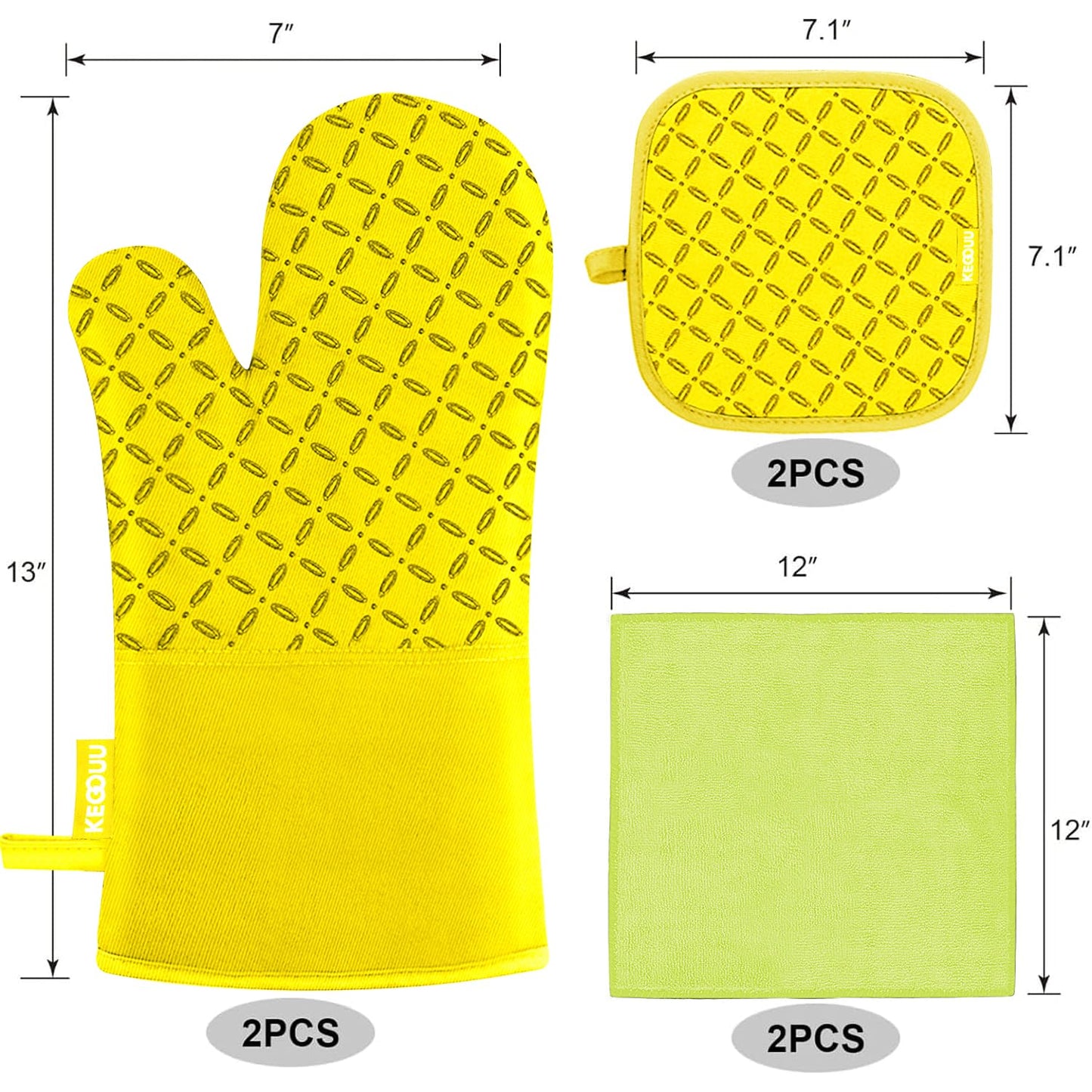 KEGOUU Oven Mitts and Pot Holders 6pcs Set, Kitchen Oven Glove High Heat Resistant 500 Degree Extra Long Oven Mitts and Potholder with Non-Slip Silicone Surface for Cooking (Grey)