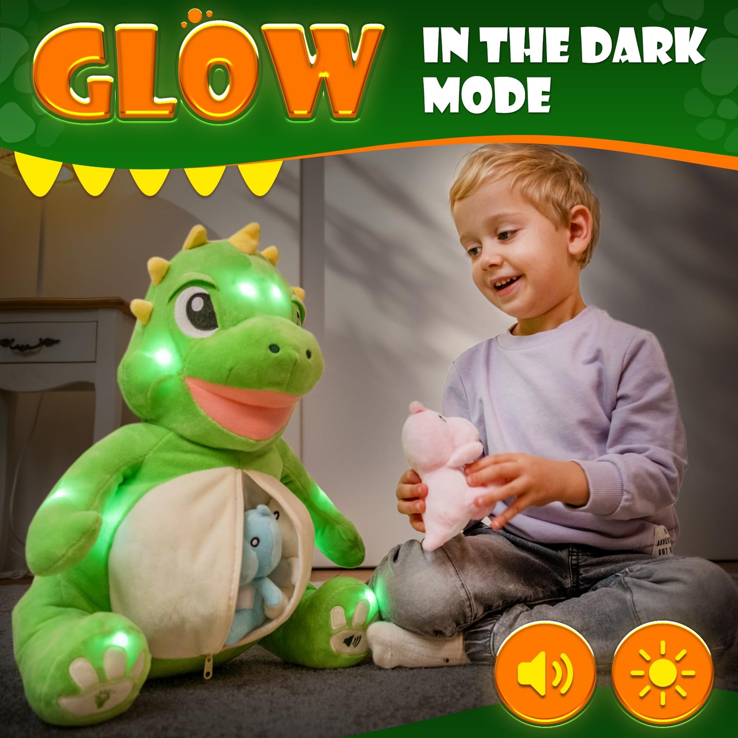 Dinosaur Toys for Kids 2-4, 3-5, Stuffed Animal Giant Dino Plushie with Lights, Sound & 4 Baby Dinosaur Plushies Inside Belly | Stuffed Dinosaur for Boys, Girls, Toddlers