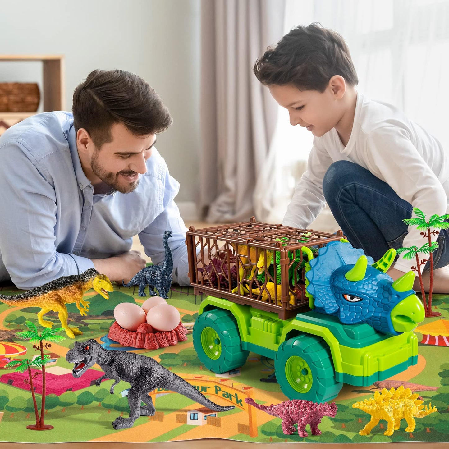 TEMI Dinosaur Truck Toys for Kids 3-5 Years, Tyrannosaurus Transport Car Carrier Truck with 8 Dino Figures, Activity Play Mat, Dinosaur Eggs, Trees, Capture Jurassic Play Set for Boys and Girls