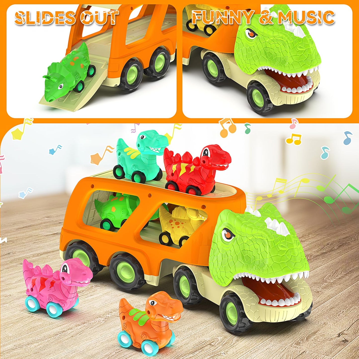 Veslier Dinosaur Car Toy for 2 3 4 5 Years Old Boys, Friction Power Carrier Truck with 4 Pack Small Pull Back Dino Car, Christmas Birthday Gift for 18+ Months Boy Girl Kids Toddlers