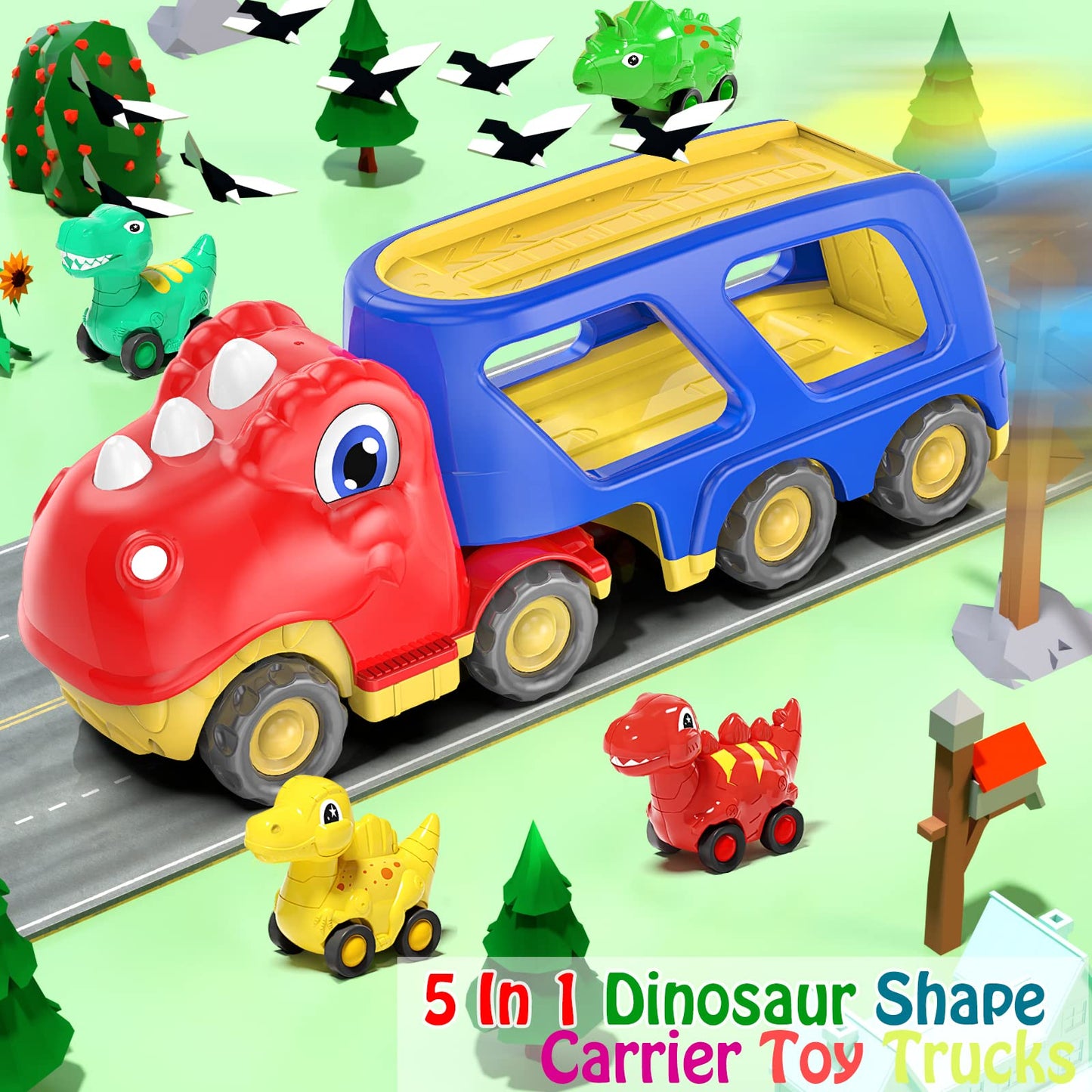 Veslier Dinosaur Car Toy for 2 3 4 5 Years Old Boys, Friction Power Carrier Truck with 4 Pack Small Pull Back Dino Car, Christmas Birthday Gift for 18+ Months Boy Girl Kids Toddlers