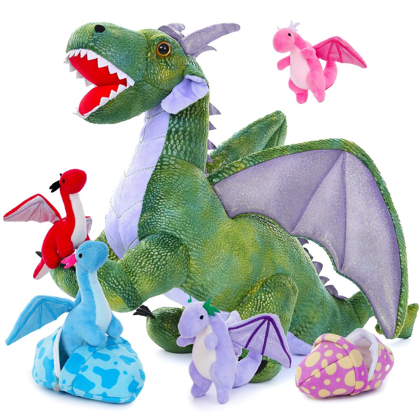 MaoGoLan 4 Pcs Dinosaur Stuffed Animals for Girls,Purple Stuffed Dinosaurs Plush Toys Set for Toddlers, Mummy Dinosaur with 3 Baby Triceratops Plushies, for Kids