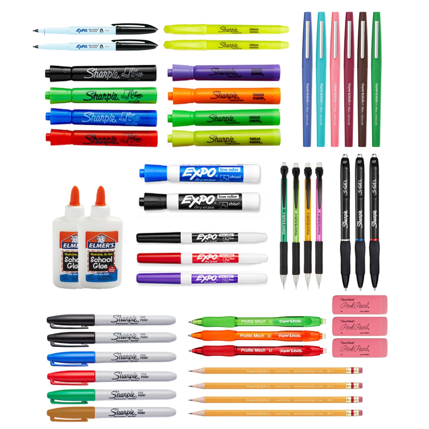 SHARPIE School Supplies Variety Pack, My First All in One Pack, Expo, Paper Mate, Elmer’s, Glue Sticks, Pourable Glues, Pencils, Dry Erase Markers, Highlighters, and More, 31 Count