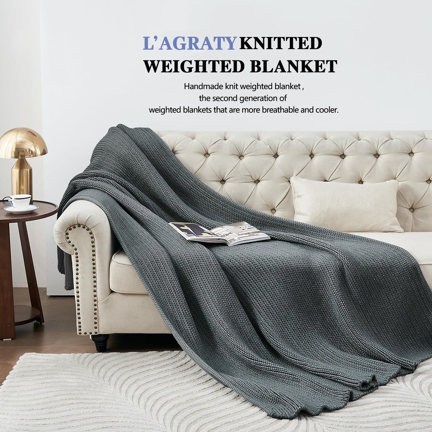 L'AGRATY Knitted Weighted Blanket - 60"x80" 15lbs Cooling Chunky Knit Heavy Blanket for Adults Braided Crochet Throw Thick Cable Yarn Knit Decorative Blanket No Beads Evenly Weighted Machine Washable