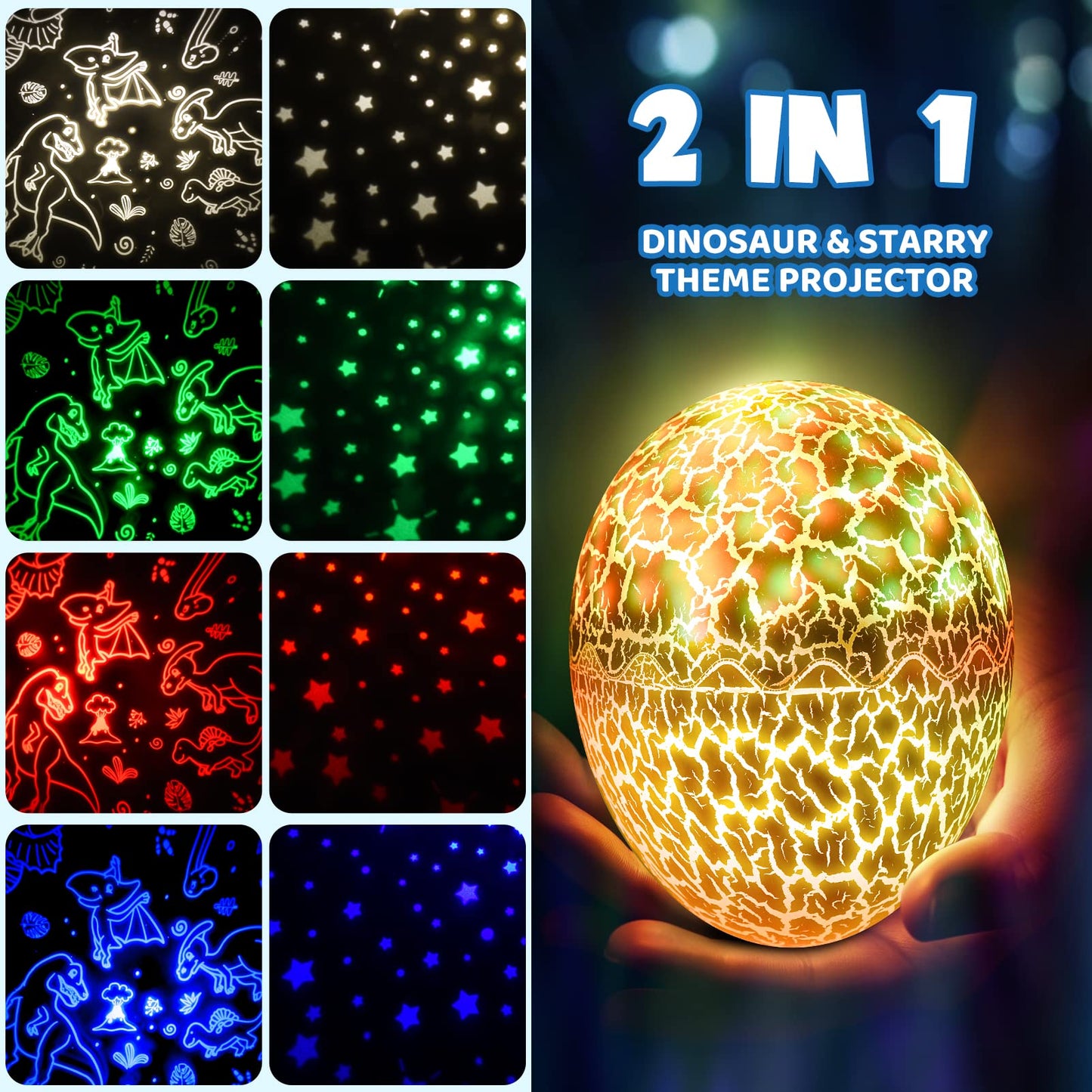 Dinosaur Toys for Kids Age 3-12: Wired Dinosaurs Egg Night Light Gifts for Boys 4 5 6 7 8 9 Year Old 2-in-1 Dino & Star Projector with 360° Rotation Timer for Boy Ages 3-5 Birthday Easter Gifts Decor