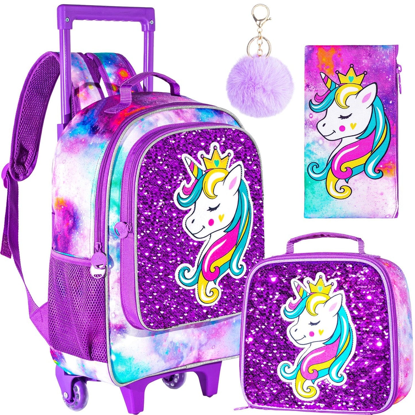 3PCS Rolling Backpack for Girls Boys, Kids Roller Wheeled Bookbag with Lunch Box, Backpacks with Wheels for Elementary