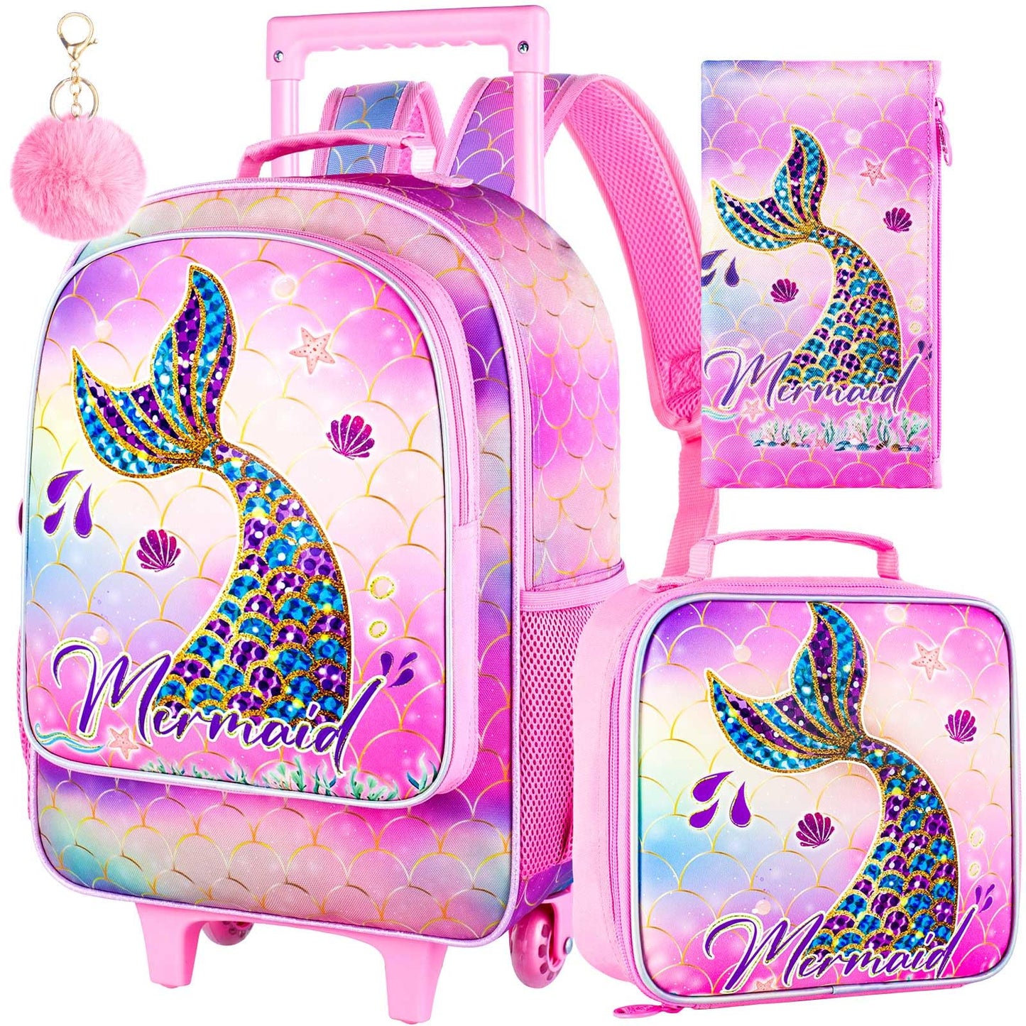 3PCS Rolling Backpack for Girls Boys, Kids Roller Wheeled Bookbag with Lunch Box, Backpacks with Wheels for Elementary