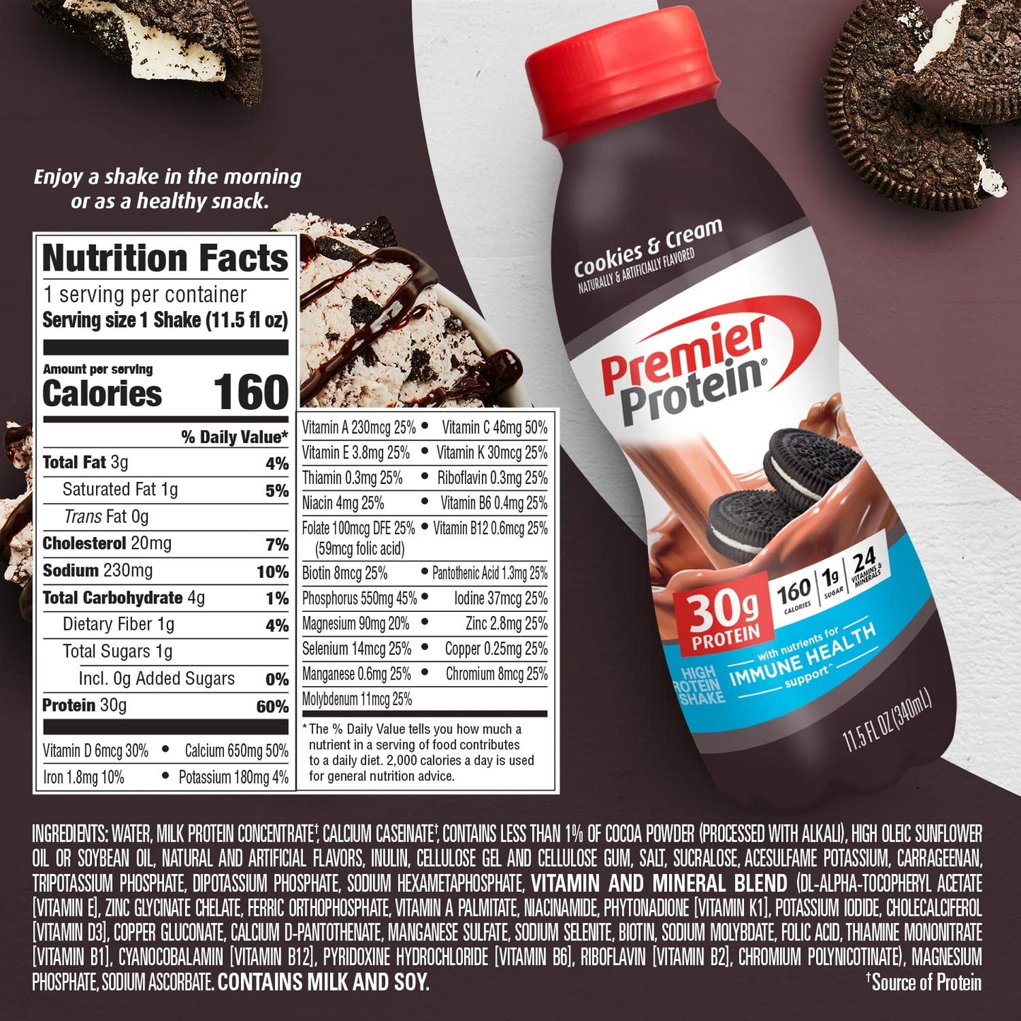 Premier Protein Shake, Chocolate, 30g Protein 1g Sugar 24 Vitamins Minerals Nutrients to Support Immune Health, 11.5 fl oz (Pack of 12)