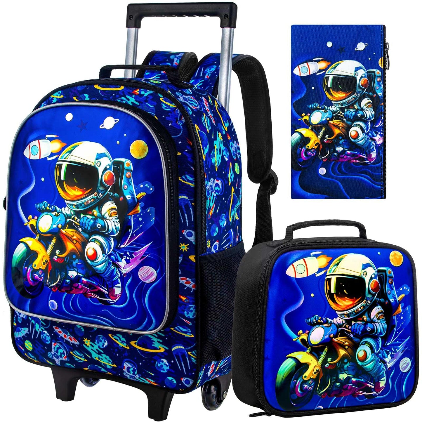 3PCS Rolling Backpack for Girls Boys, Kids Roller Wheeled Bookbag with Lunch Box, Backpacks with Wheels for Elementary