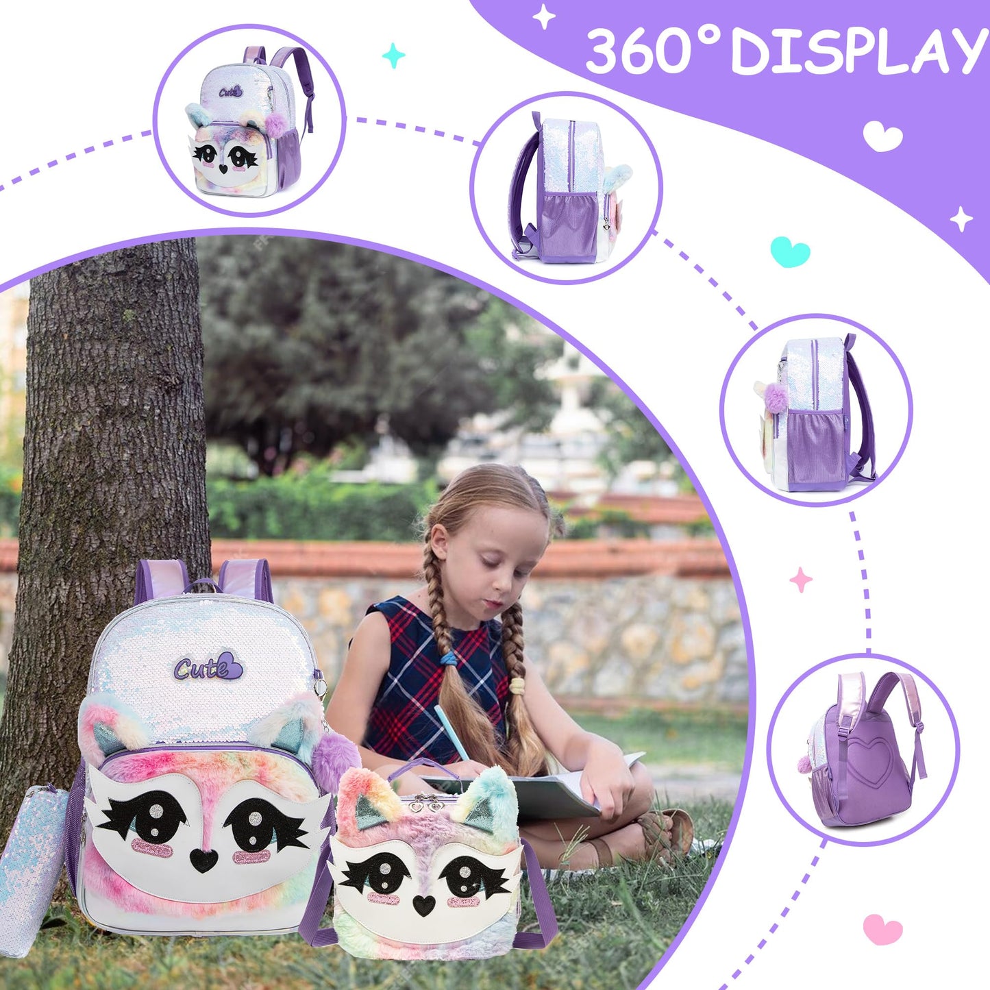 Meetbelify Backpacks for Girls,Kids School Backpacks with Lunch Box for Elementary Preschool Students Cute Panda Sequin Travel Backpack 3 in 1 Bookbag Set for Girls