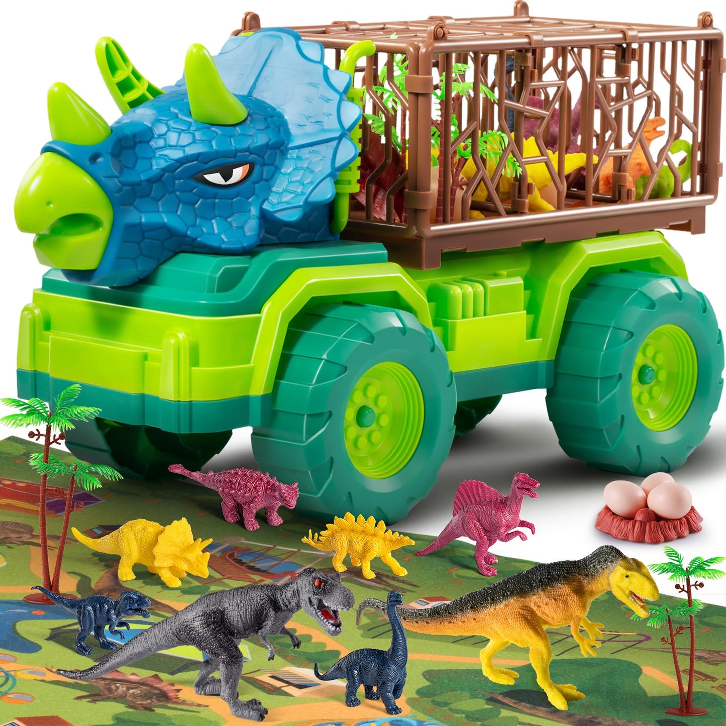 TEMI Dinosaur Truck Toys for Kids 3-5 Years, Tyrannosaurus Transport Car Carrier Truck with 8 Dino Figures, Activity Play Mat, Dinosaur Eggs, Trees, Capture Jurassic Play Set for Boys and Girls