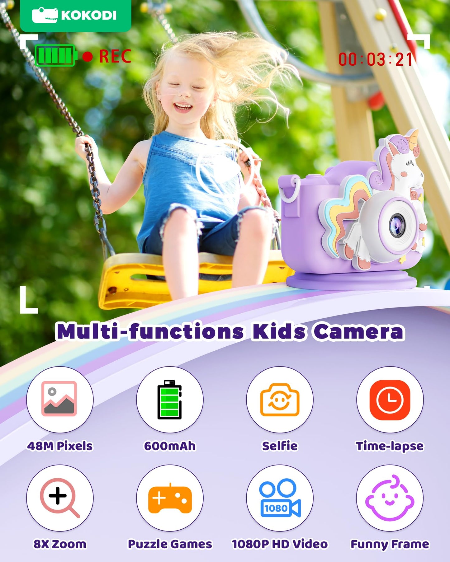 KOKODI Kids Camera Toy Digital Camera for Kids, Birthday Gifts for Girls Age 3-12, 1080P HD Video Camera for Toddler, Unicorn Children Toys for 3 4 5 6 7 8 9 Year Old Girls with 32GB SD Card