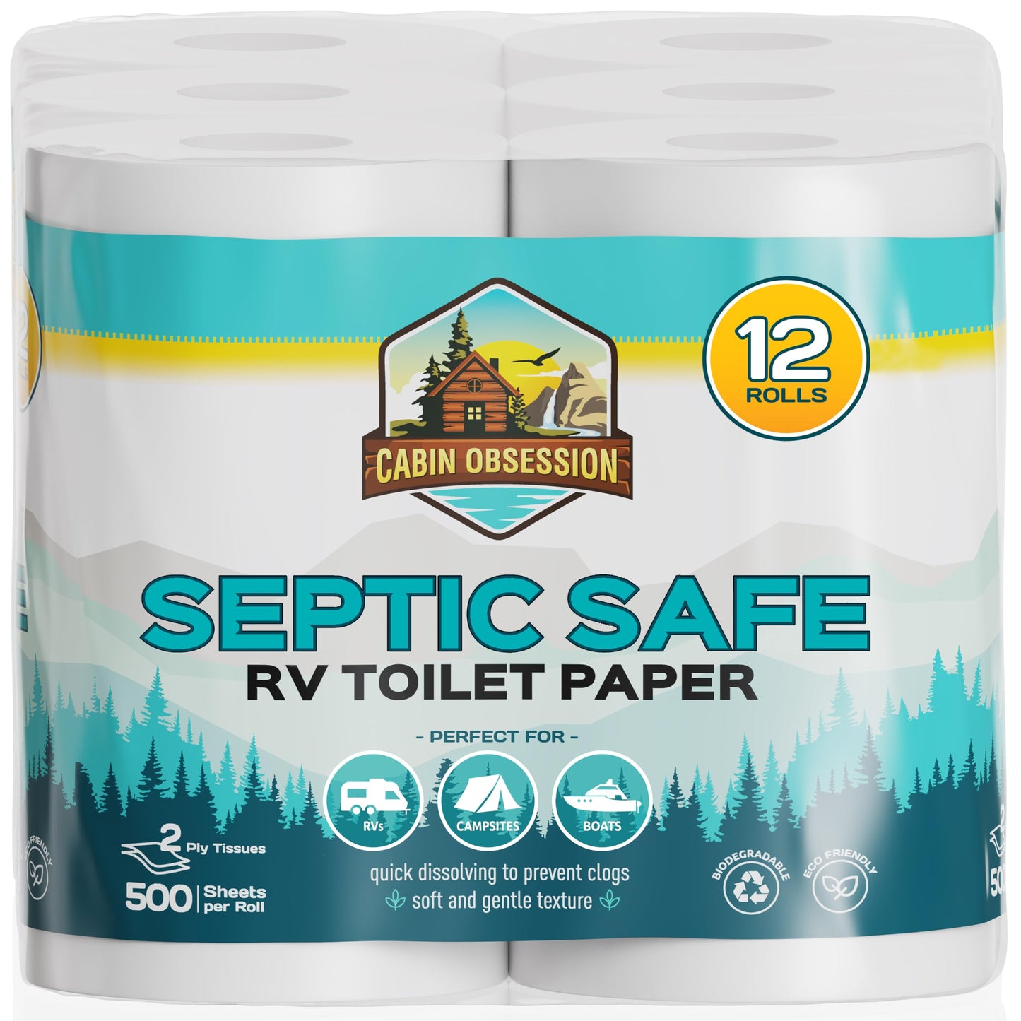 RV Toilet Paper - 12 Pack Septic Safe Toilet Paper 2-Ply Quick Dissolving Camper Toilet Paper Septic Safe to Prevent Clogs - Perfect for Automotive RVs, Septic Tank Systems, Boats, and Camping