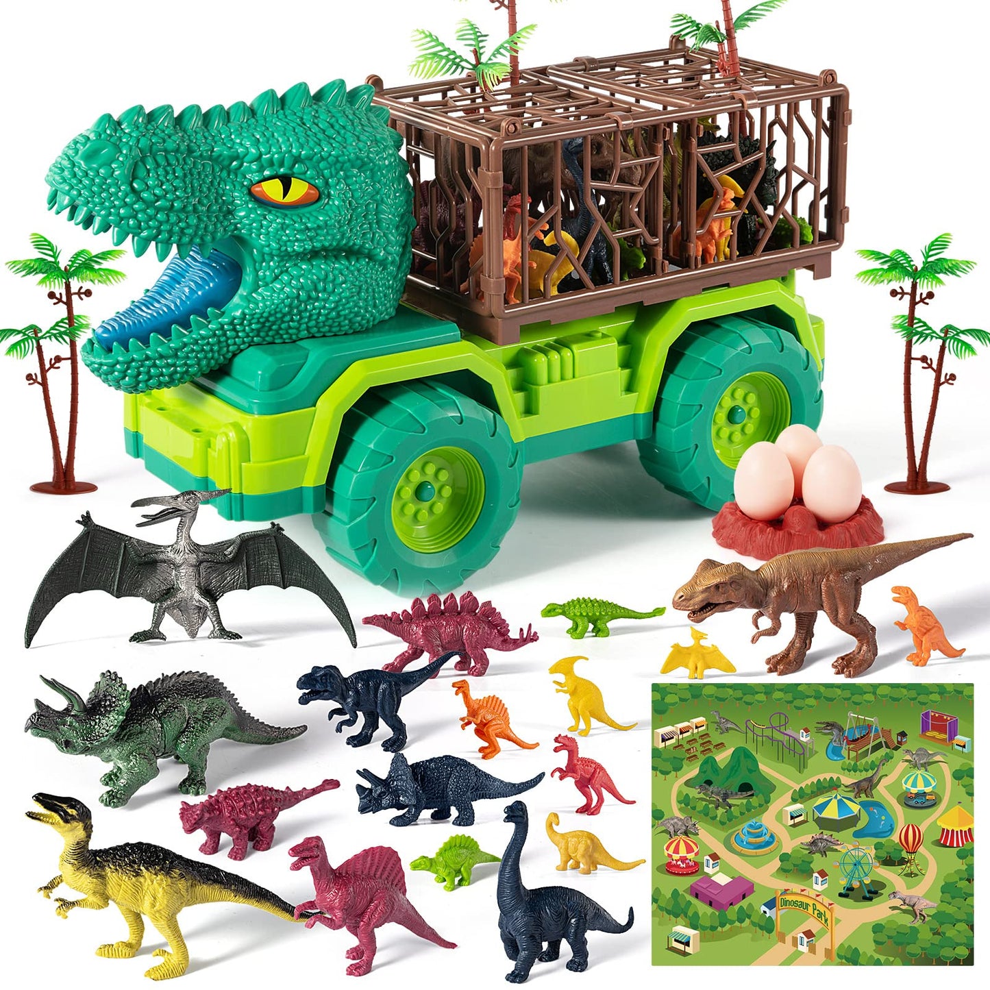 TEMI Dinosaur Truck Toys for Kids 3-5 Years, Tyrannosaurus Transport Car Carrier Truck with 8 Dino Figures, Activity Play Mat, Dinosaur Eggs, Trees, Capture Jurassic Play Set for Boys and Girls