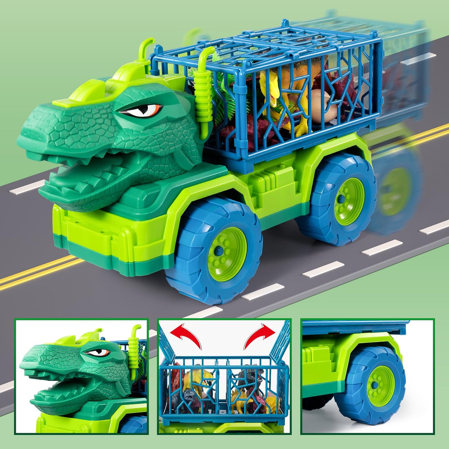 TEMI Dinosaur Truck Toys for Kids 3-5 Years, Tyrannosaurus Transport Car Carrier Truck with 8 Dino Figures, Activity Play Mat, Dinosaur Eggs, Trees, Capture Jurassic Play Set for Boys and Girls