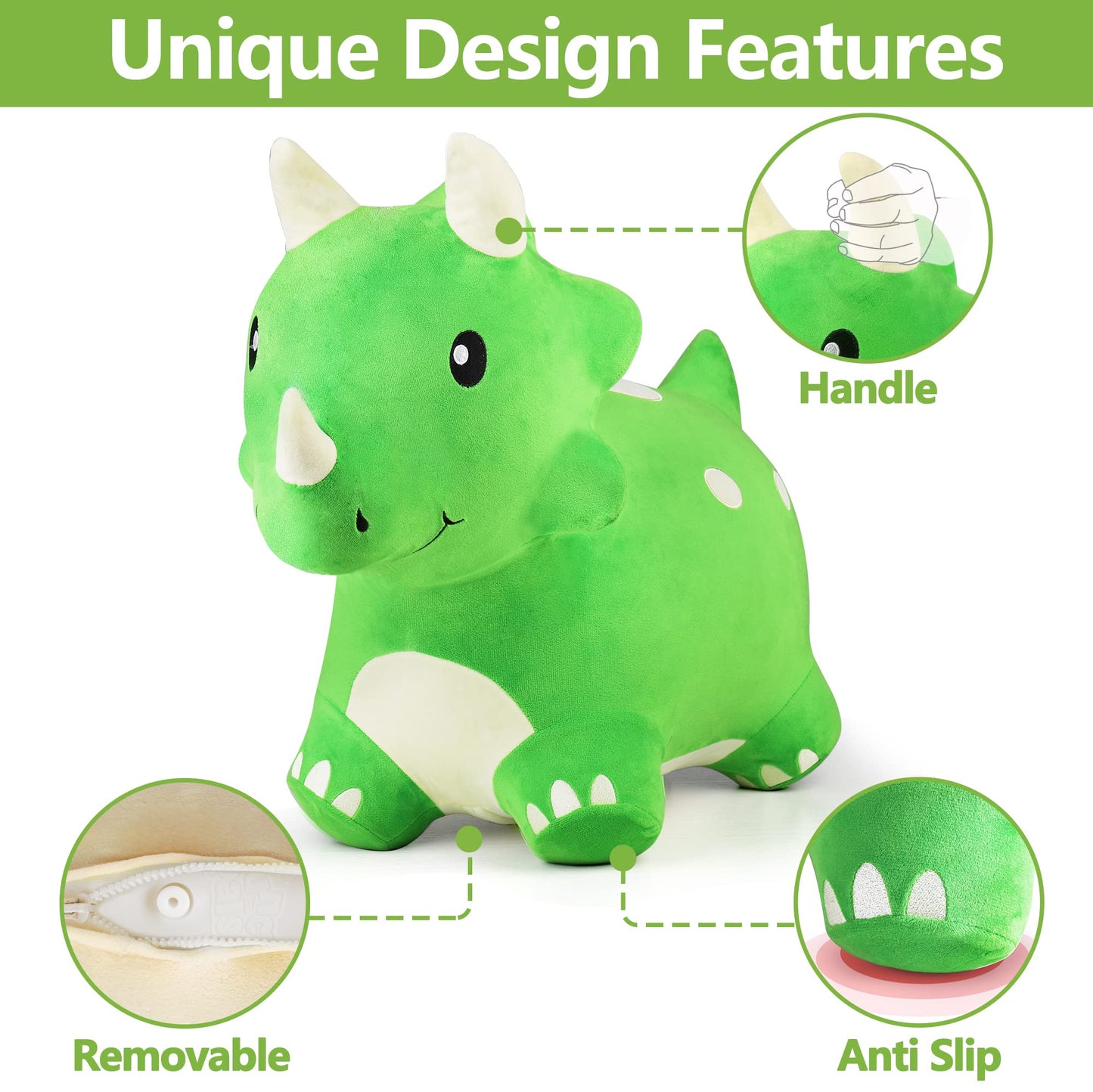 iPlay, iLearn Bouncy Pals Dinosaur Hopper Toy 2 Year Old Boy, Toddler Plush Bounce Animals, Ride on Bouncing Triceratops for Kids, Outdoor Hopping Horse Bouncer, Cool Birthday Gifts 3 4 5 6 Yr Girls