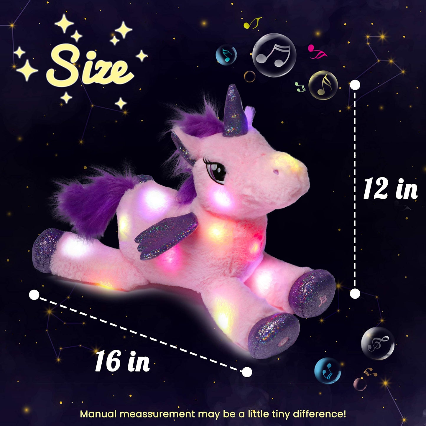 Hopearl LED Musical Stuffed Unicorn Light up Singing Plush Toy Adjustable Volume Lullaby Animated Soothe Birthday Festival for Kids Toddler Girls, Pink, 16''