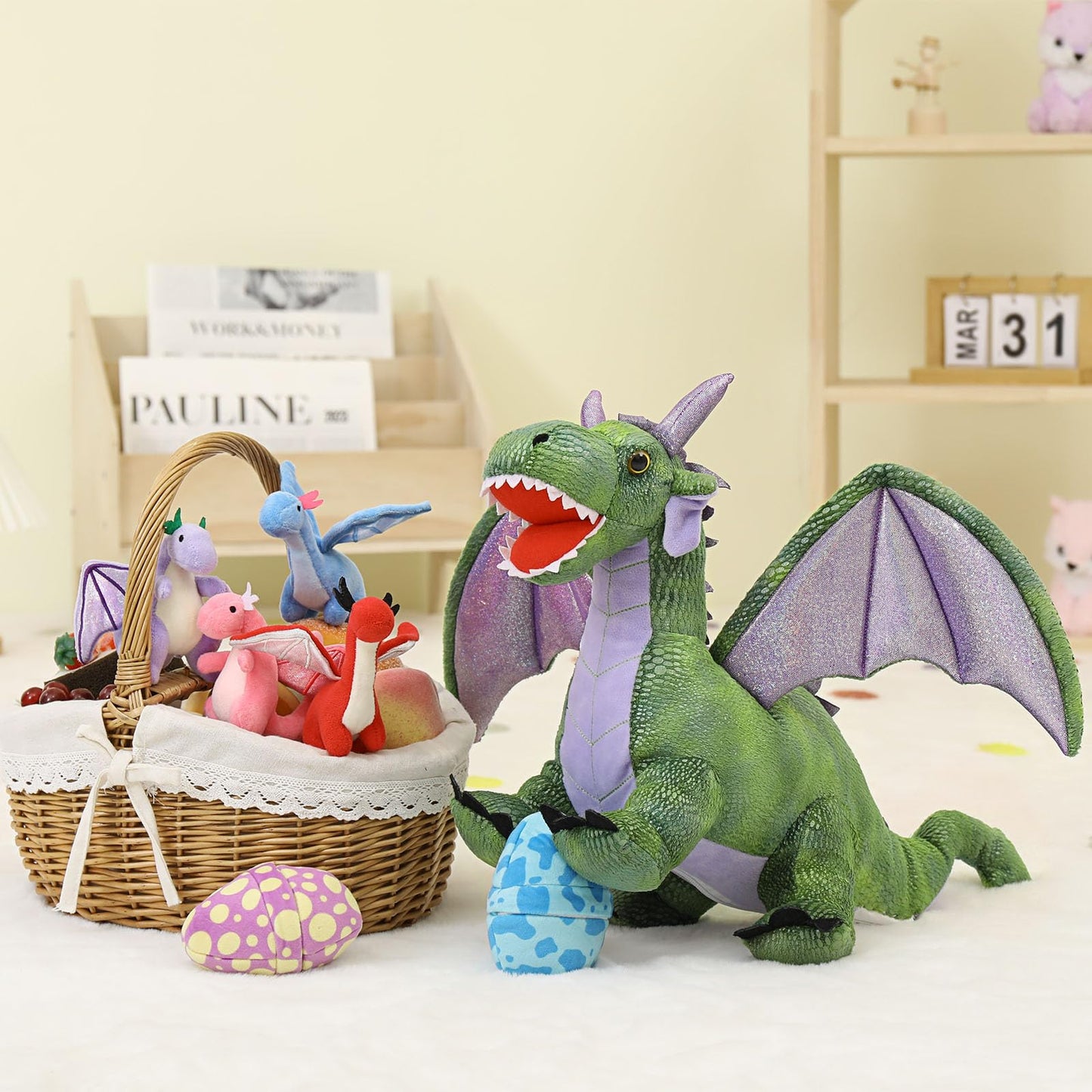 MaoGoLan 4 Pcs Dinosaur Stuffed Animals for Girls,Purple Stuffed Dinosaurs Plush Toys Set for Toddlers, Mummy Dinosaur with 3 Baby Triceratops Plushies, for Kids