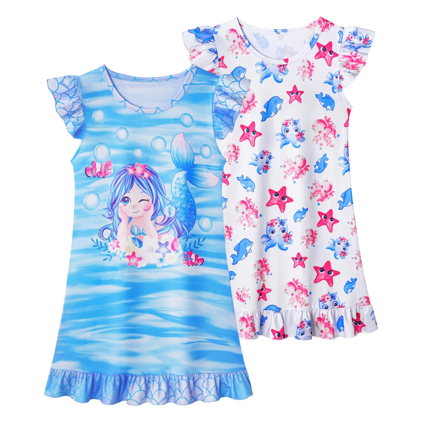 LQSZ 2Pcs Girls Nightgowns 3-10 Years Flutter Short Sleeves Nightdress Nightie Dress Sleepwear Pajamas for Little Girls