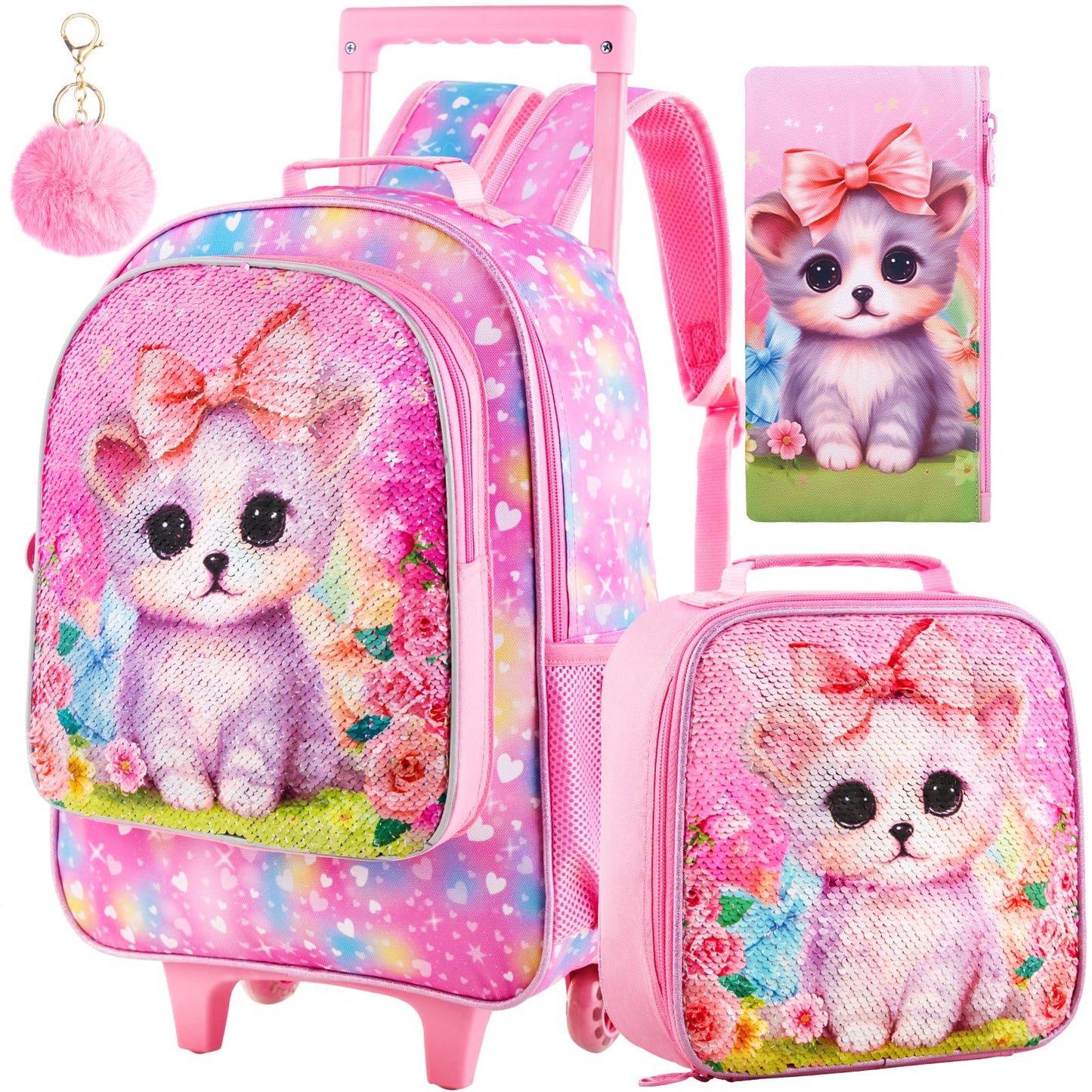 3PCS Rolling Backpack for Girls Boys, Kids Roller Wheeled Bookbag with Lunch Box, Backpacks with Wheels for Elementary