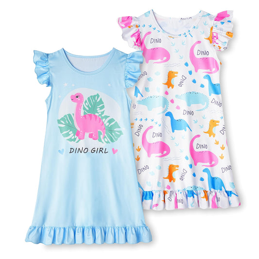 LQSZ 2Pcs Girls Nightgowns 3-10 Years Flutter Short Sleeves Nightdress Nightie Dress Sleepwear Pajamas for Little Girls