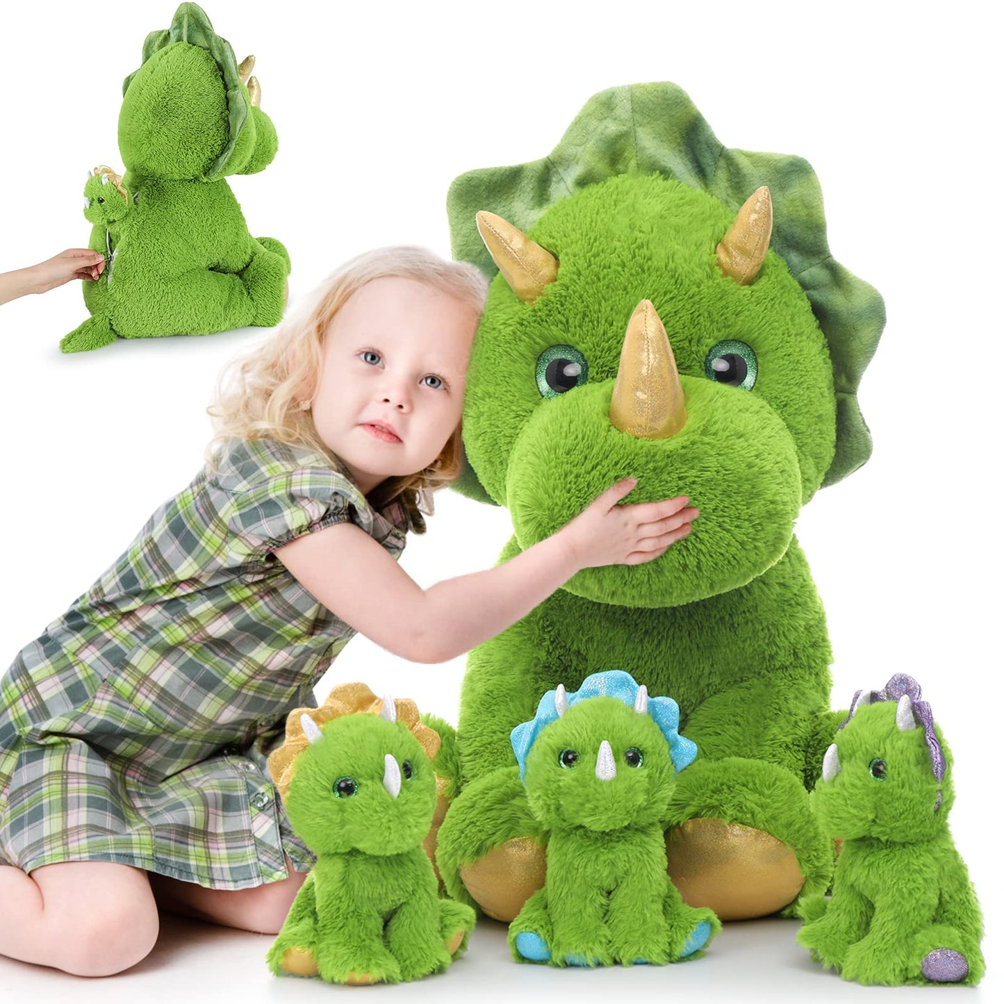 MaoGoLan 4 Pcs Dinosaur Stuffed Animals for Girls,Purple Stuffed Dinosaurs Plush Toys Set for Toddlers, Mummy Dinosaur with 3 Baby Triceratops Plushies, for Kids